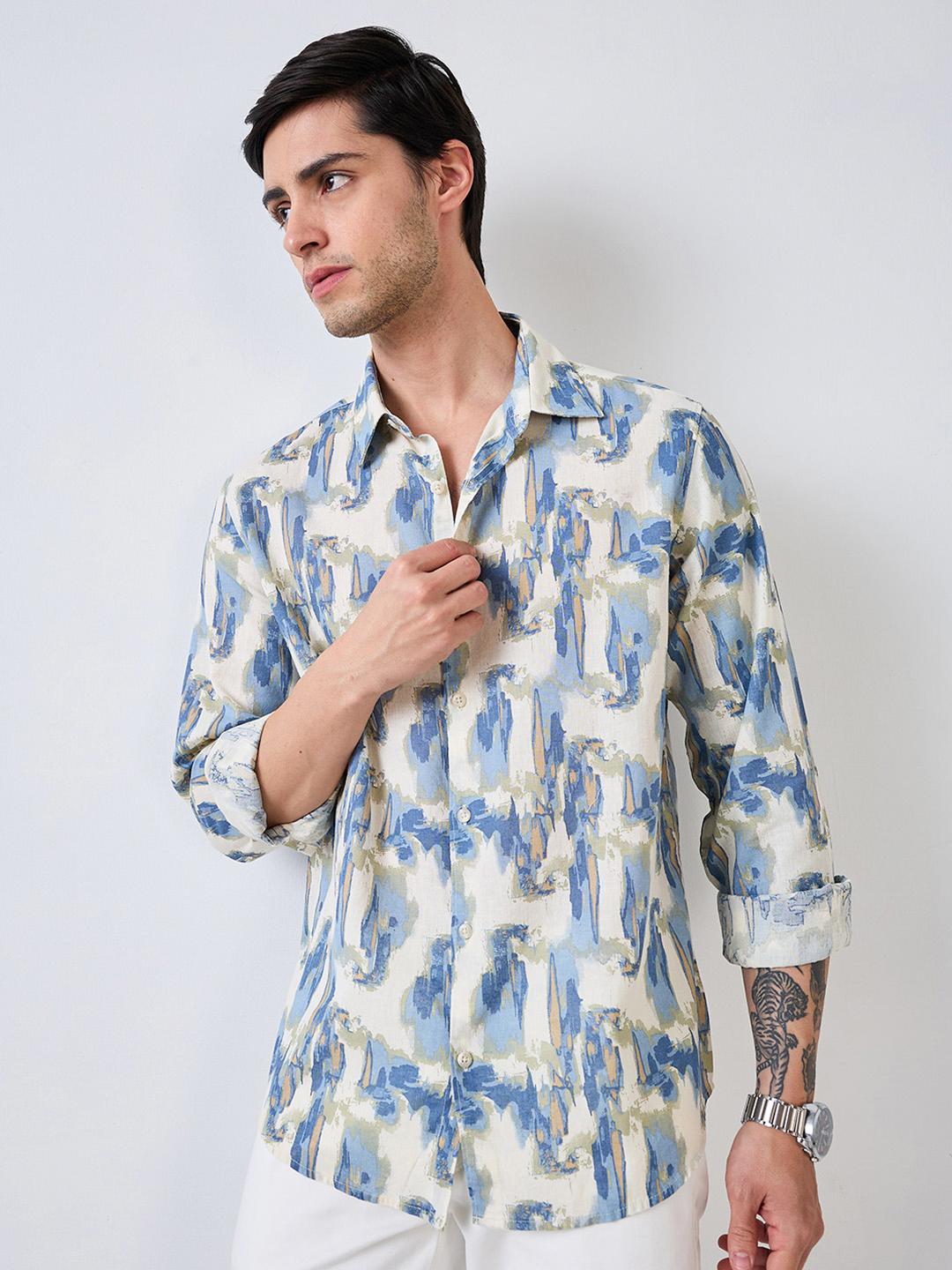 Spykar Blue Full Sleeves Slim Fit Printed Shirt For Men
