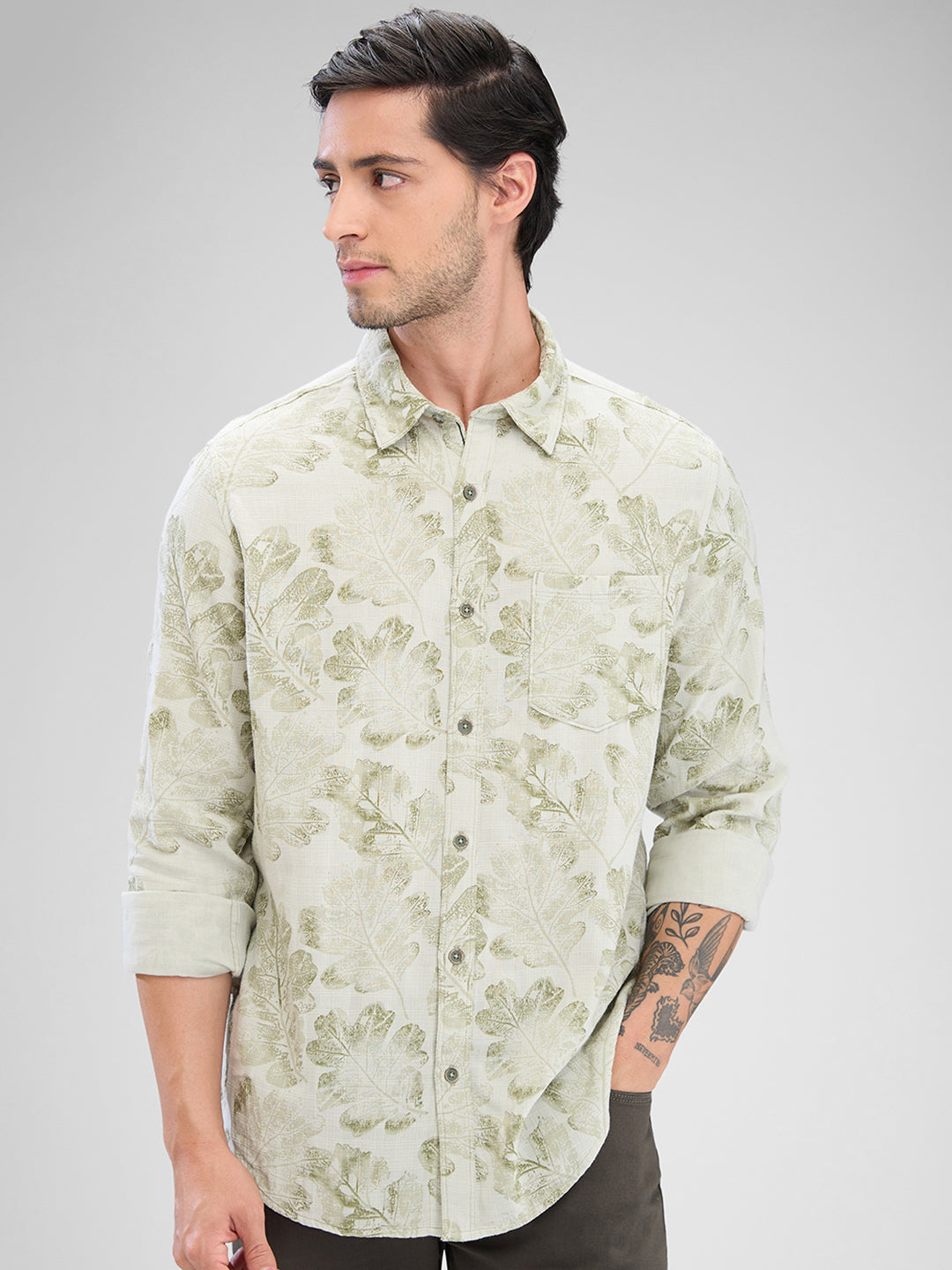 Spykar Moss Grey Cotton Full Sleeve Raised Collar Shirt For Men
