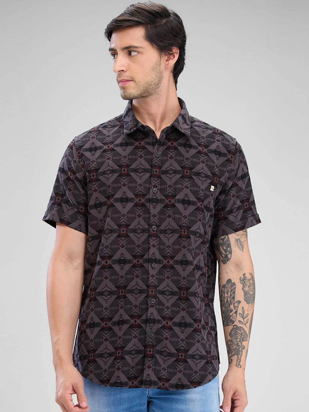 Spykar Charcoal Grey Corduroy Half Sleeve Raised Collar Shirt For Men