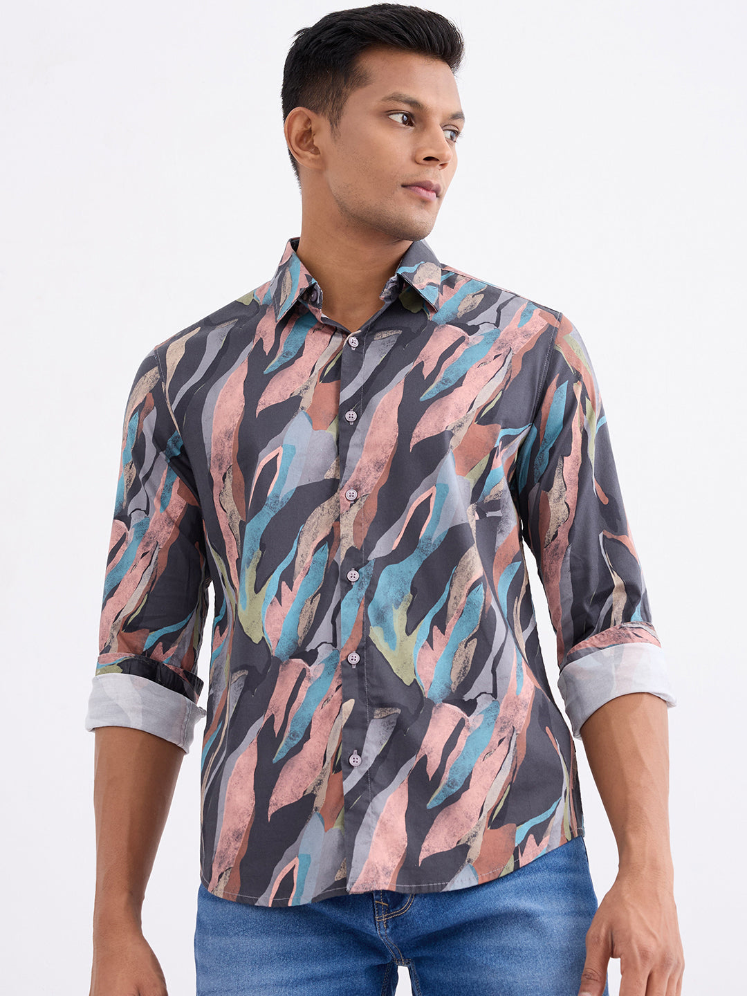 Spykar Charcoal Grey Slim Fit Casual Shirts For Men