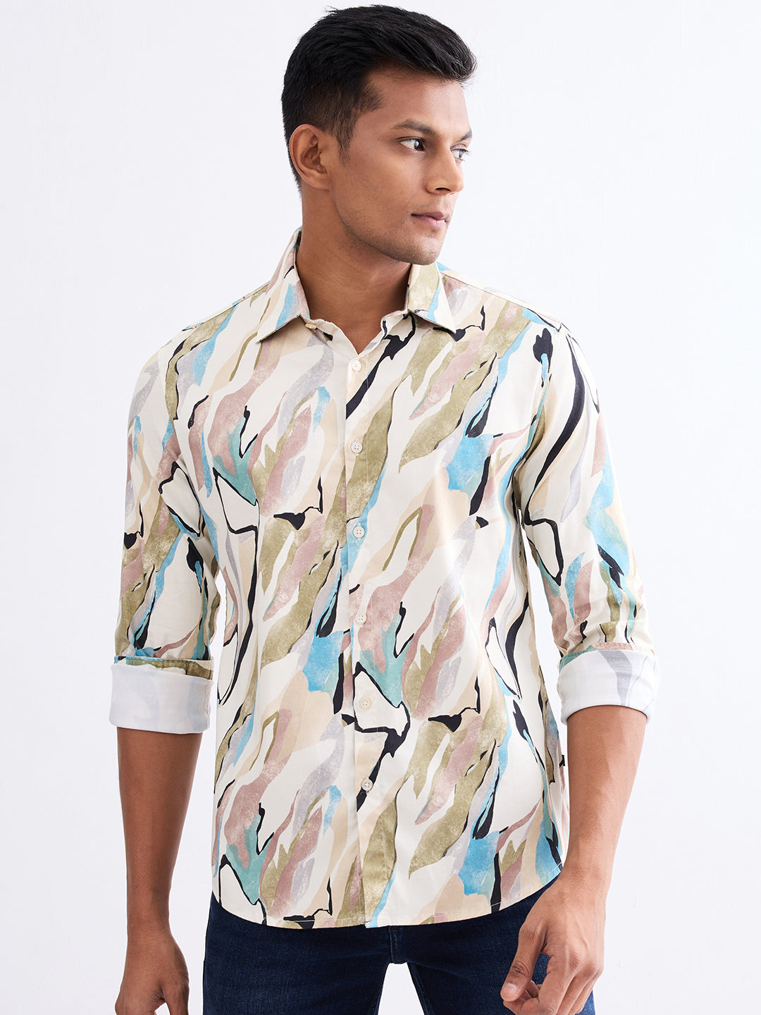 Spykar Ecru Slim Fit Casual Shirts For Men