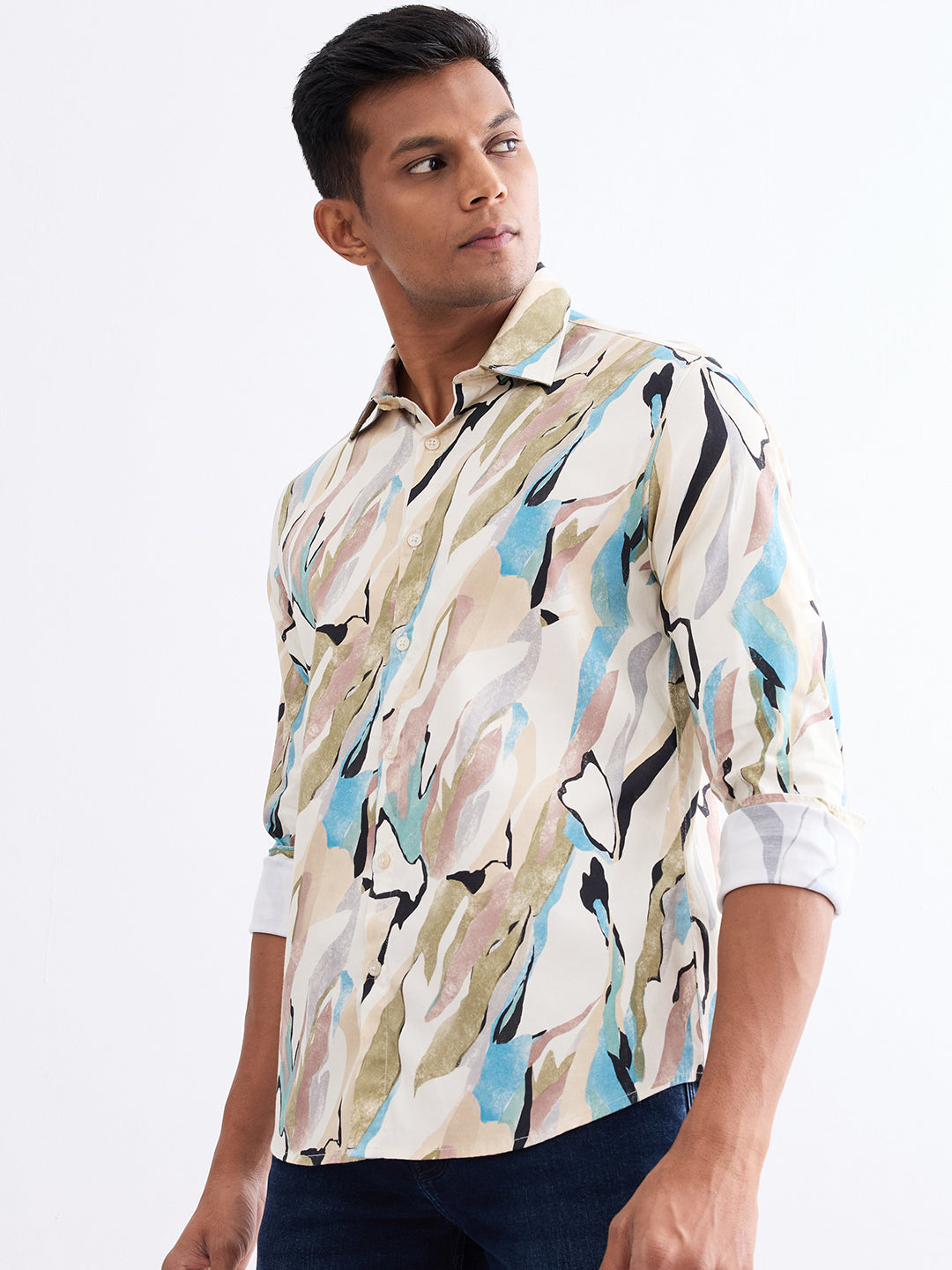 Spykar Ecru Slim Fit Casual Shirts For Men