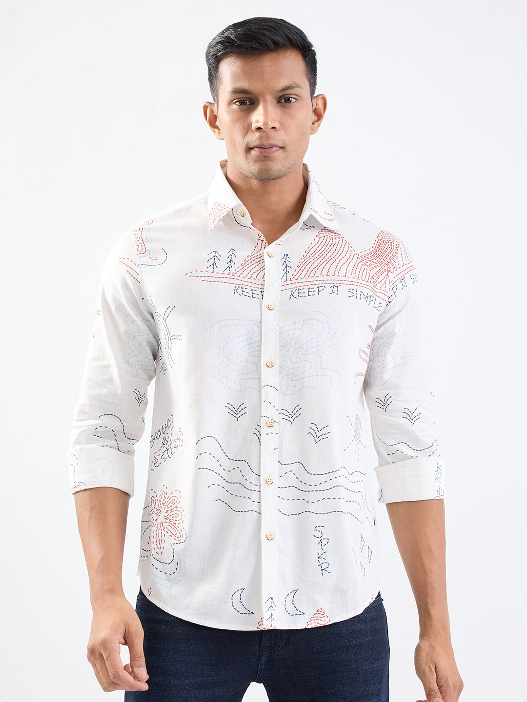 Spykar Off White Slim Fit Casual Shirts For Men