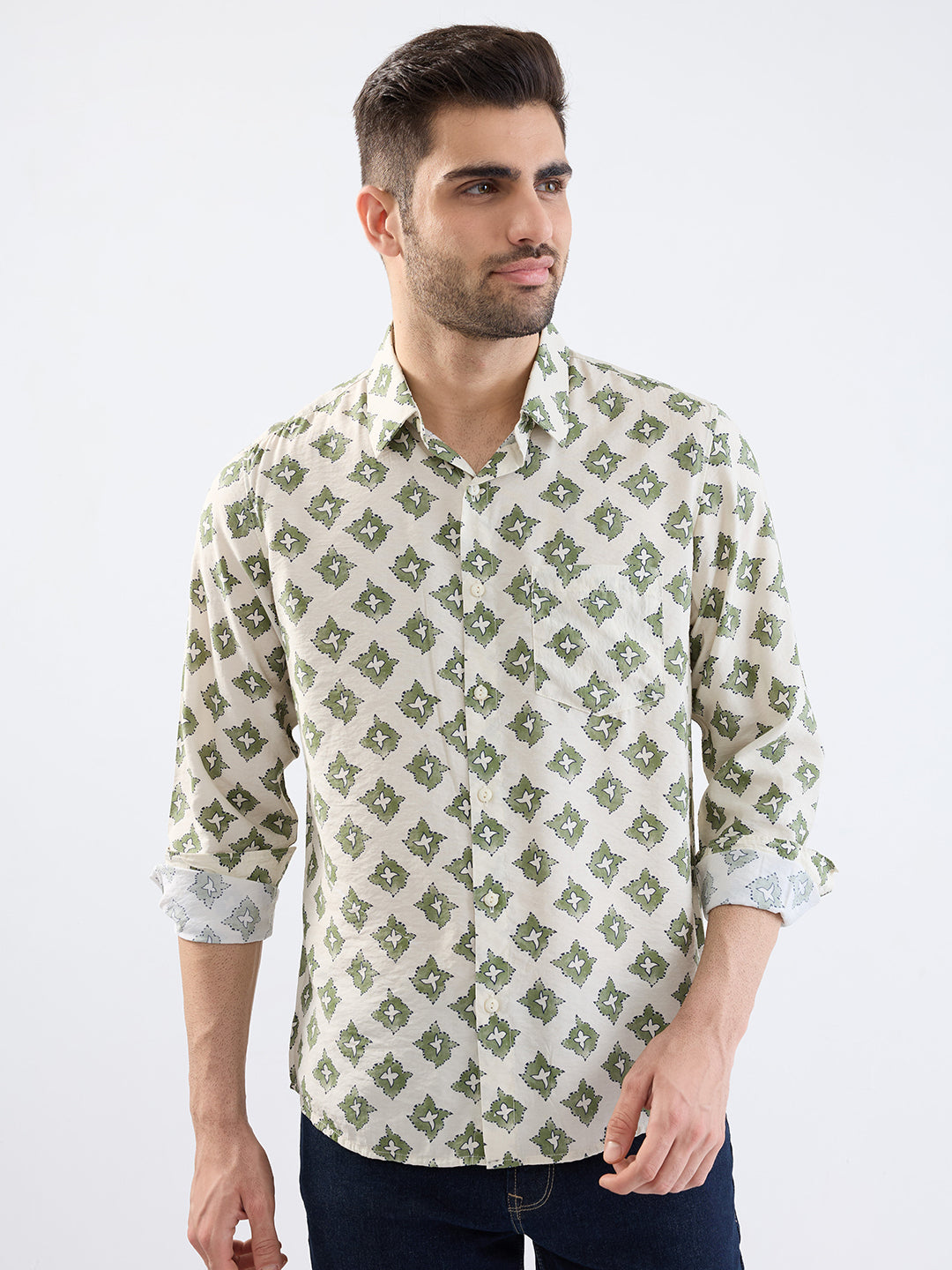 Spykar Ecru Slim Fit Casual Shirts For Men