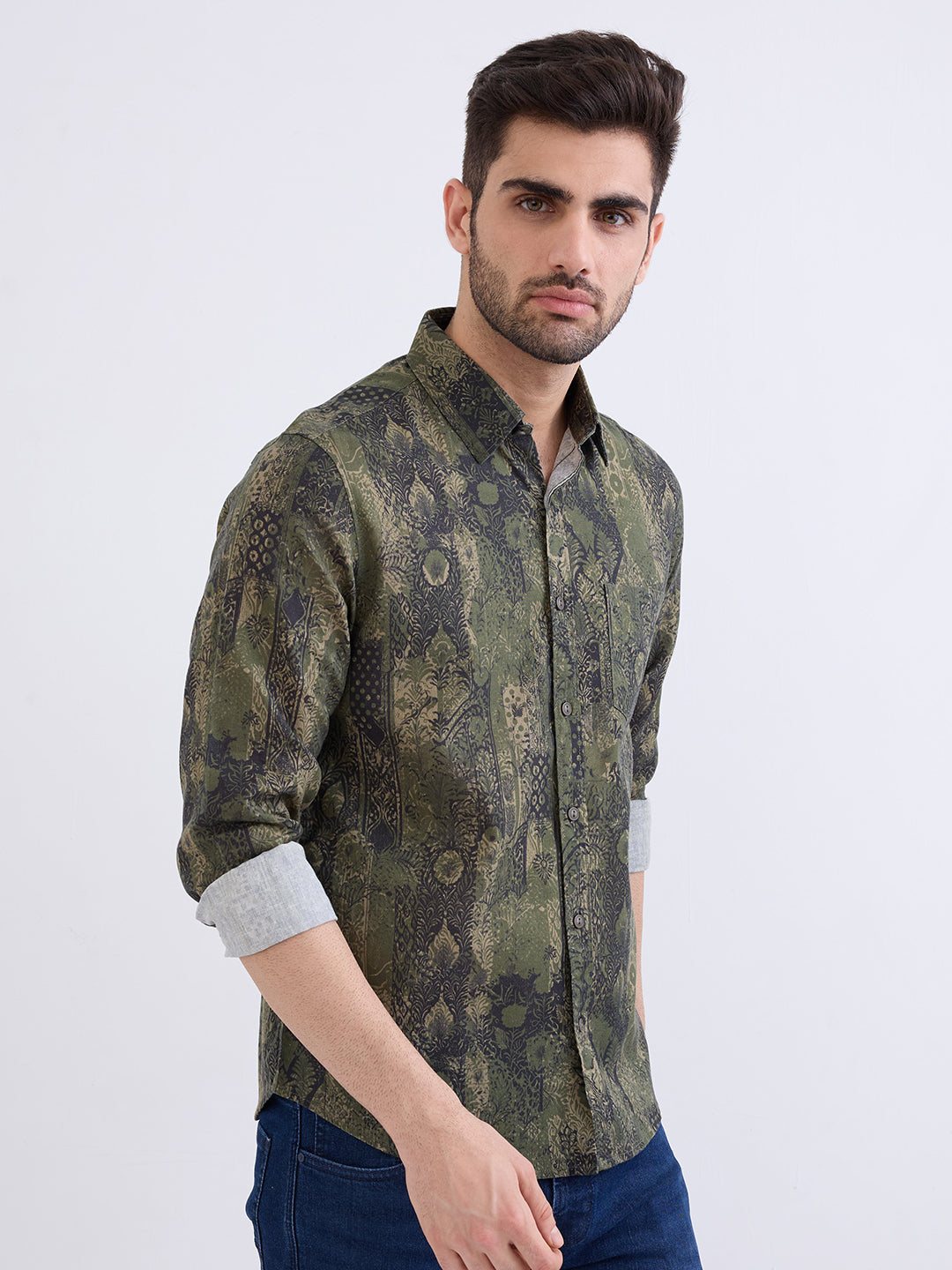 Spykar Avocado Green Slim Fit Casual Shirts For Men