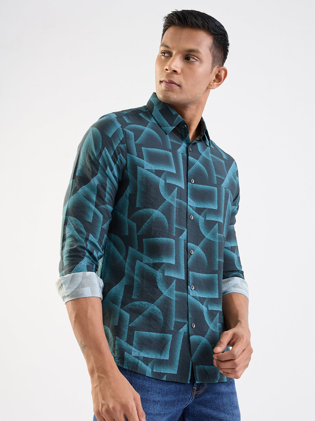 Spykar Teal Green Slim Fit Casual Shirts For Men