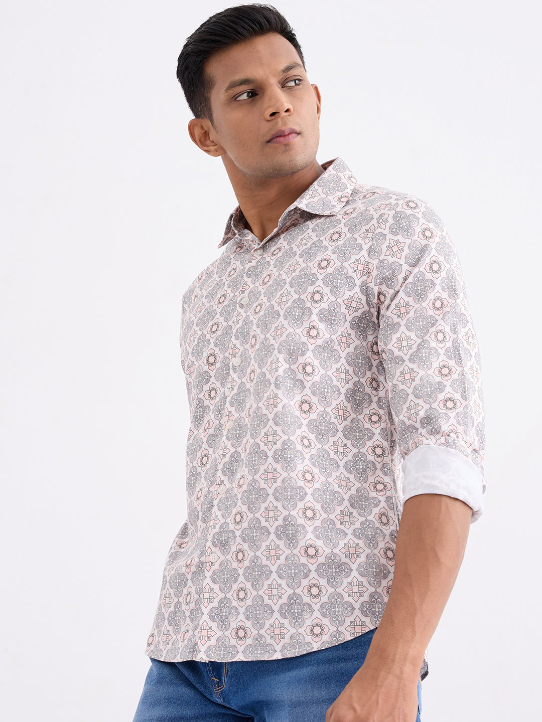 Spykar Peach Pink Slim Fit Casual Shirts For Men