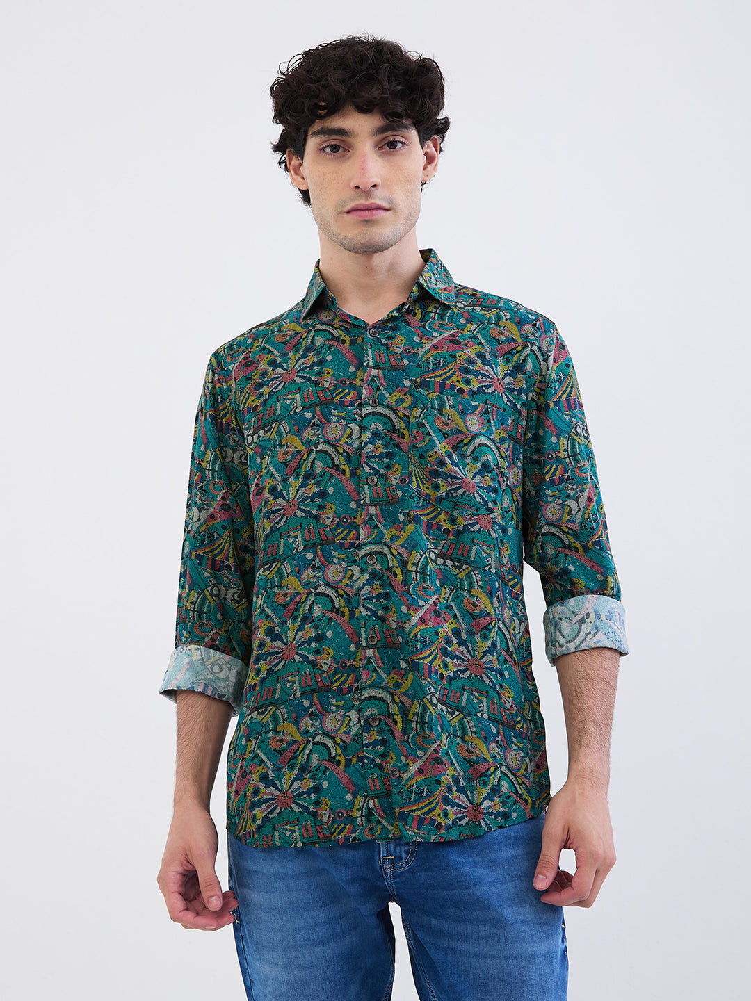 Spykar Aquatic Blue Slim Fit Casual Shirts For Men