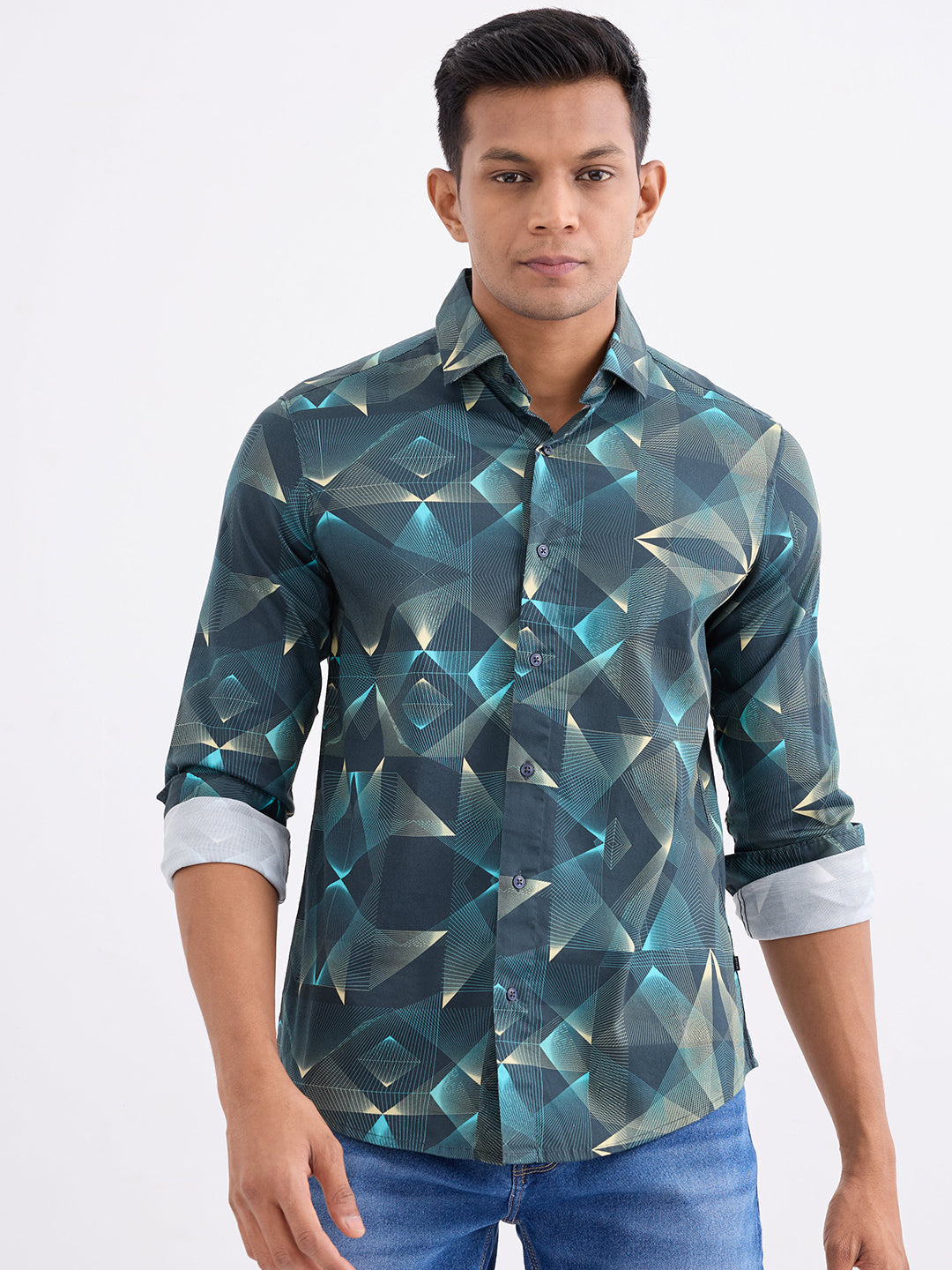 Spykar Botanical Green Slim Fit Casual Shirts For Men