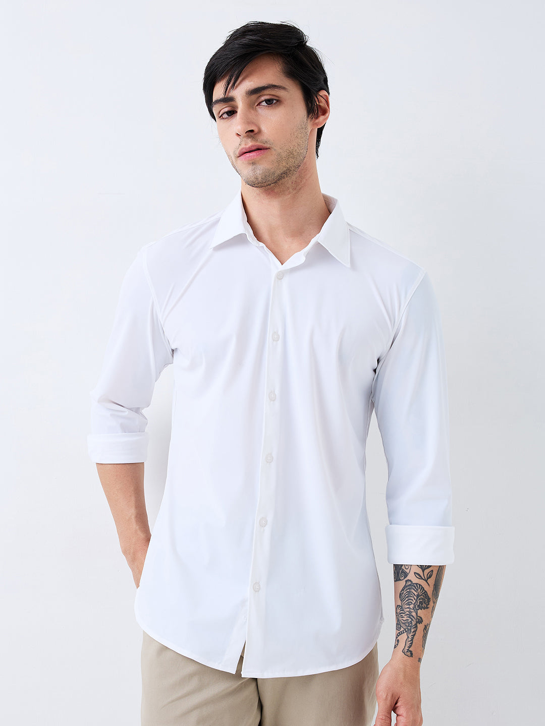 Spykar White Slim Fit Solid Full Sleeve Shirt For Men