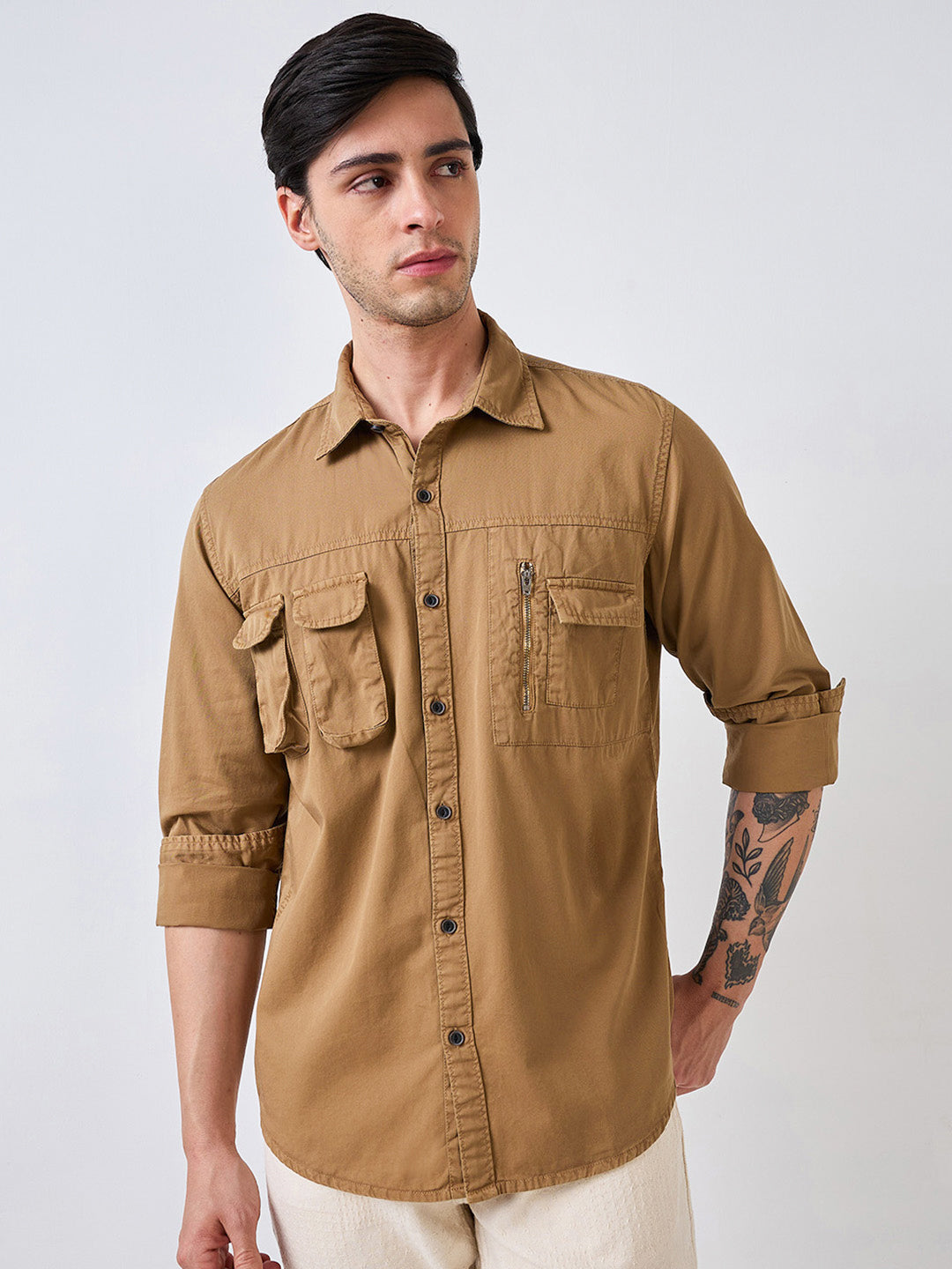 Spykar Khaki Full Sleeves Slim Fit Shirt For Men