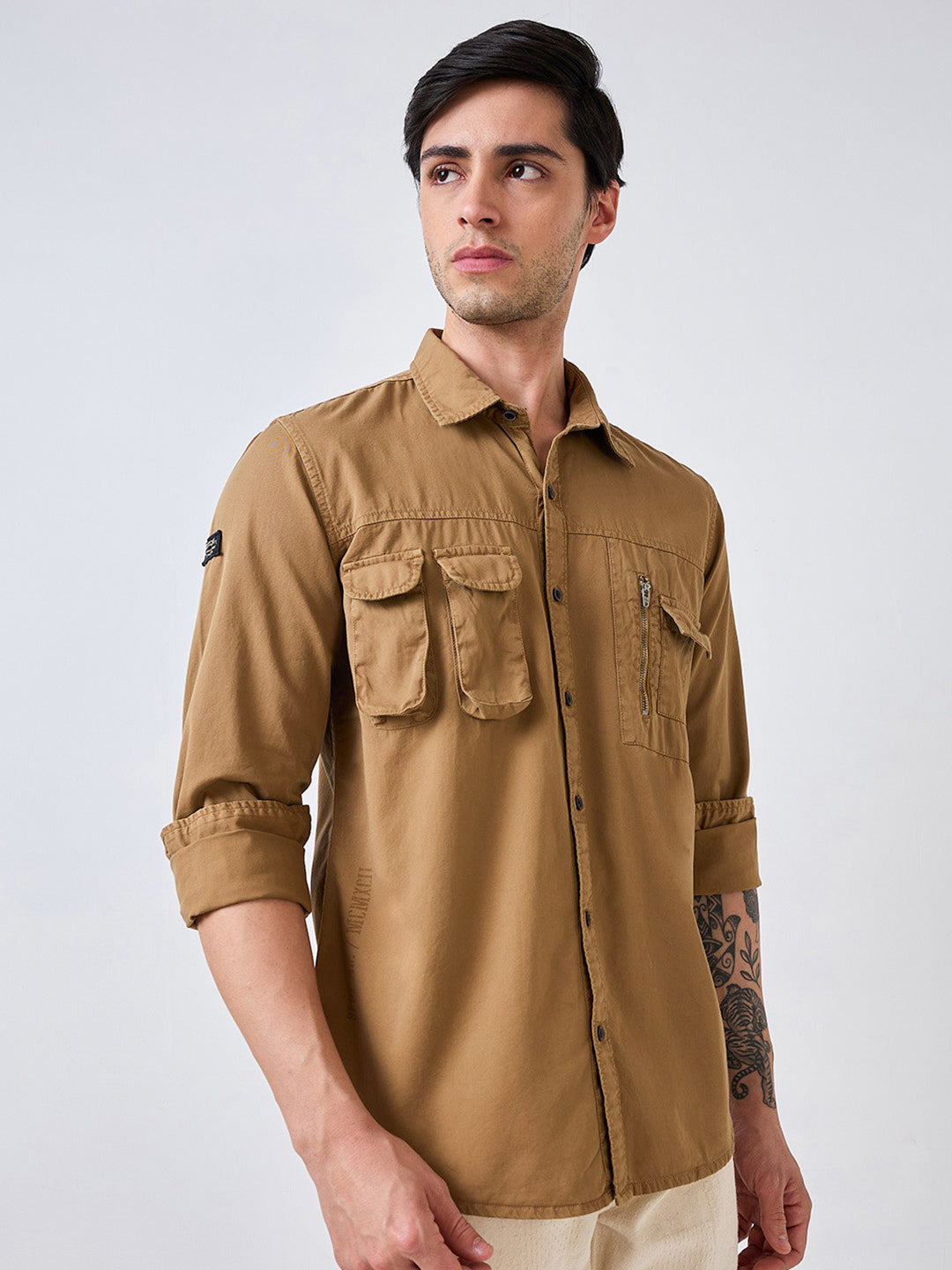 Spykar Khaki Full Sleeves Slim Fit Shirt For Men