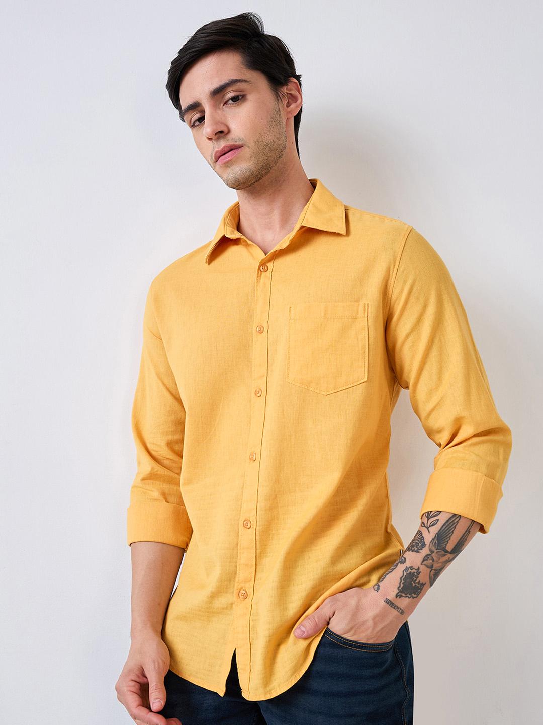 Spykar Yellow Full Sleeves Slim Fit Shirt For Men