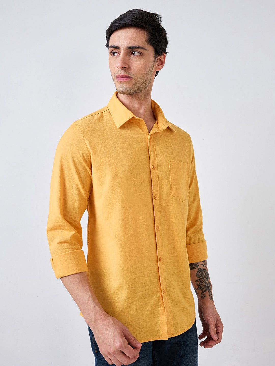 Spykar Yellow Full Sleeves Slim Fit Shirt For Men