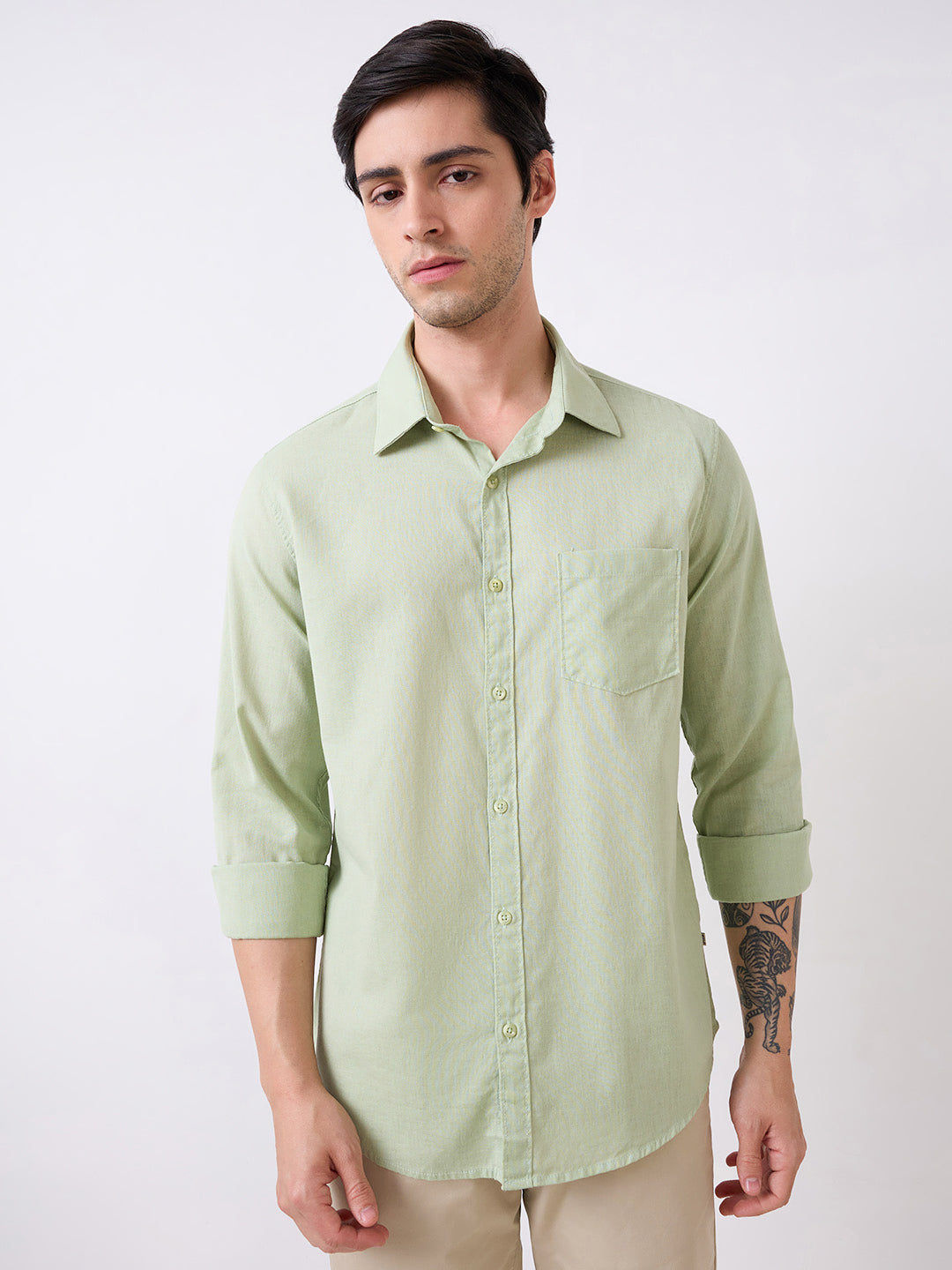 Spykar Green Full Sleeves Slim Fit Shirt For Men