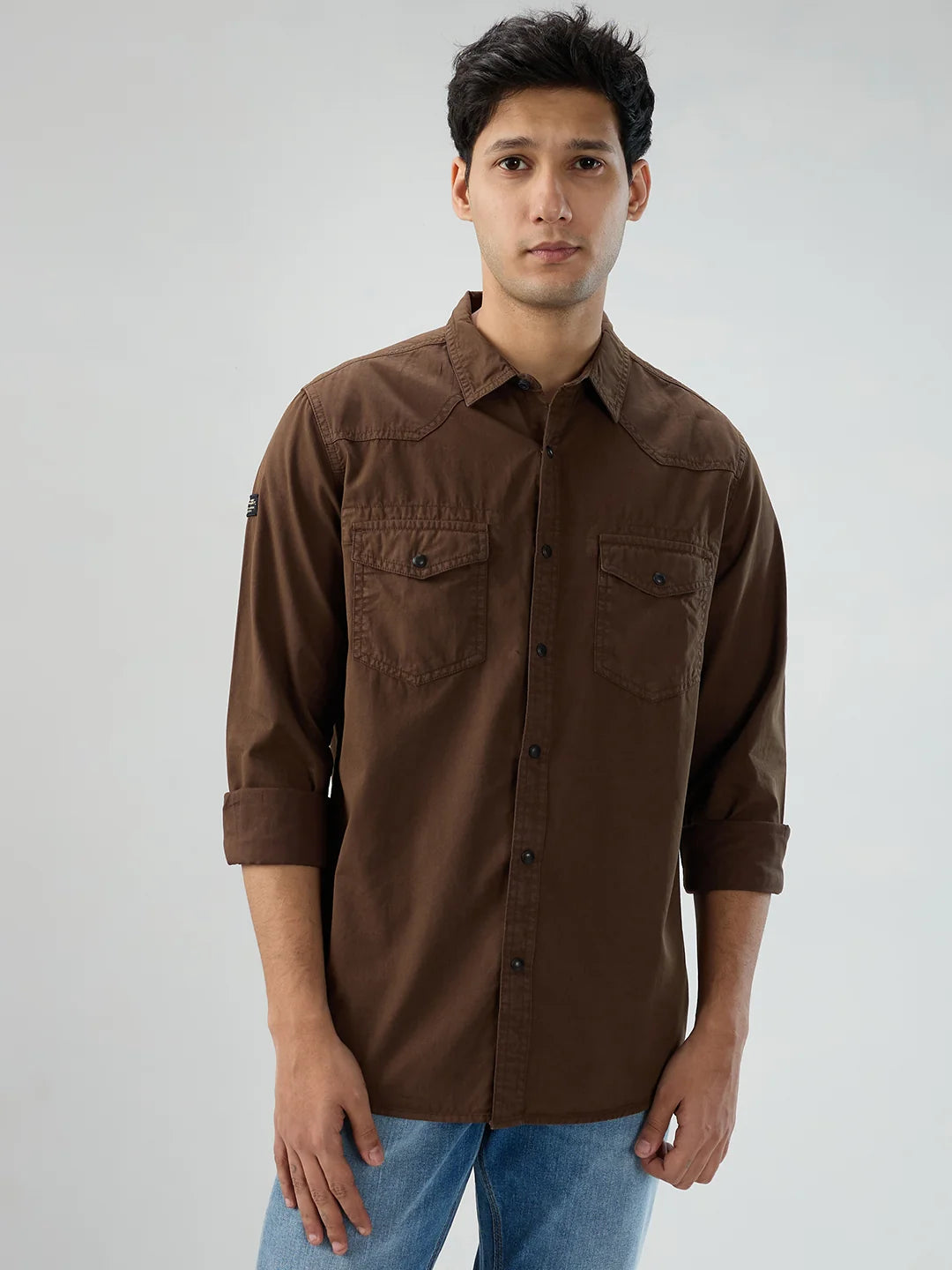 Men Solid Brown Regular Fit Shirt