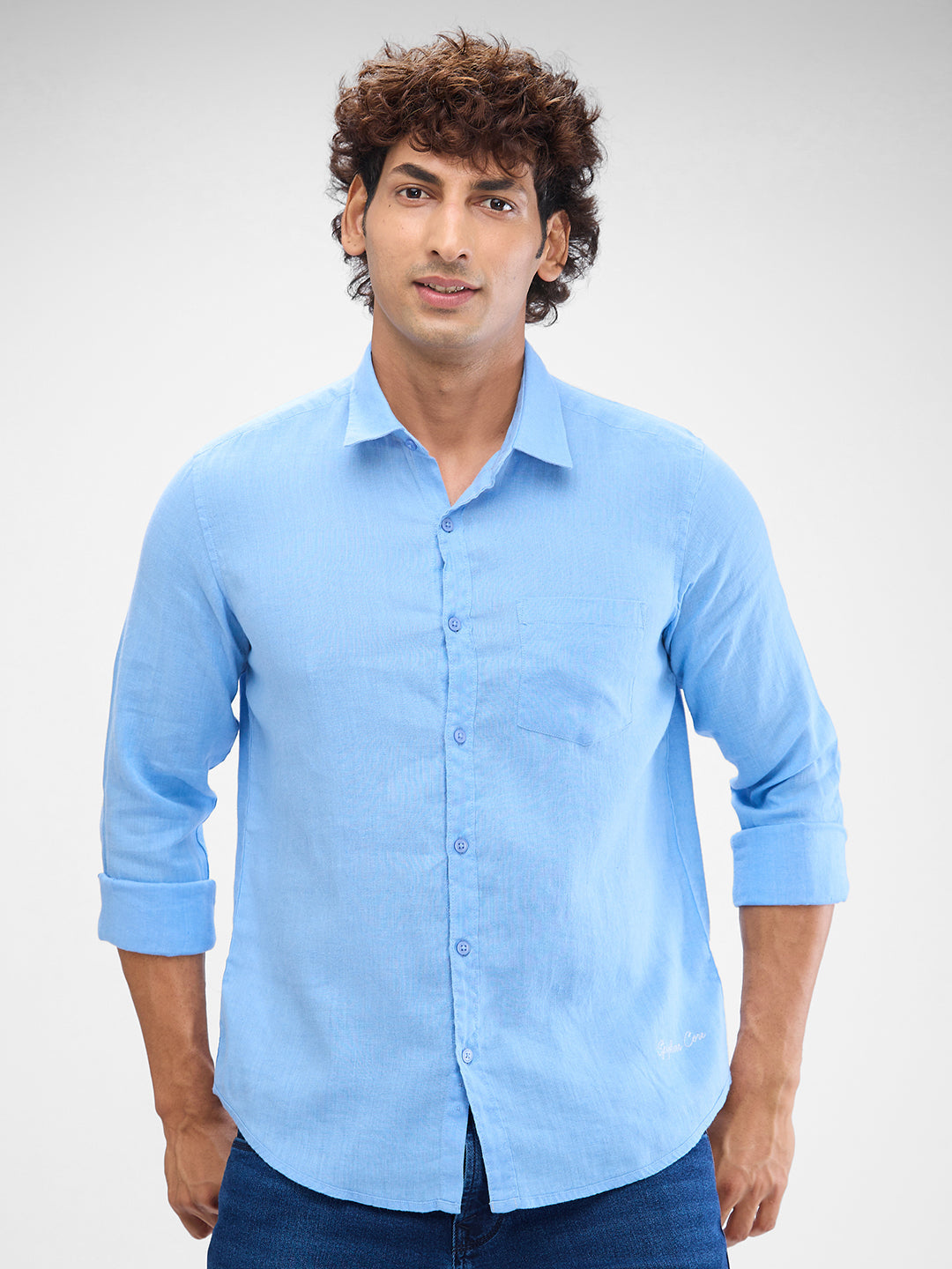 Spykar Air Force Blue Linen Full Sleeve Raised Collar Shirt For Men