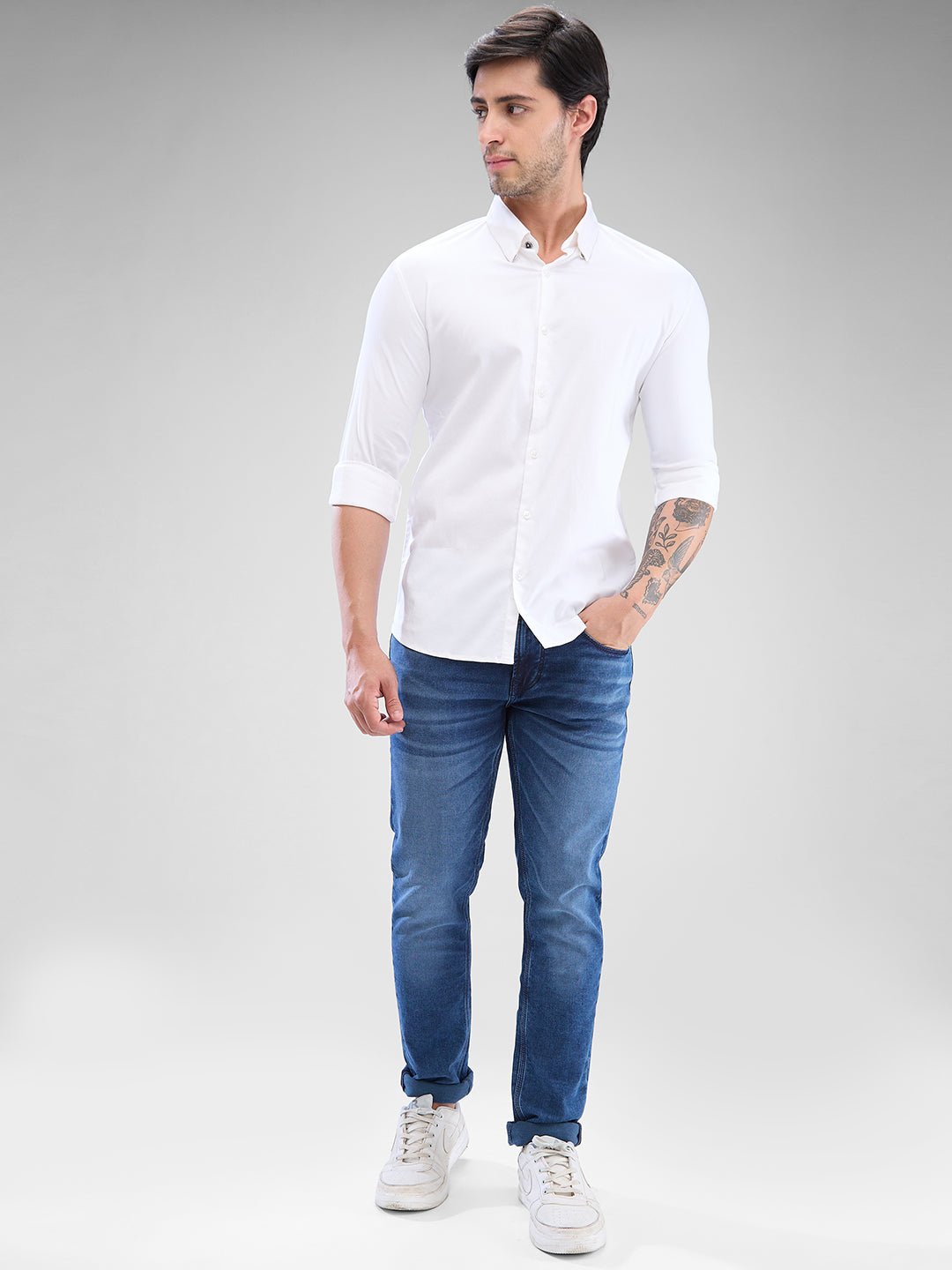 Spykar White Cotton Full Sleeve Raised Collar Shirt For Men