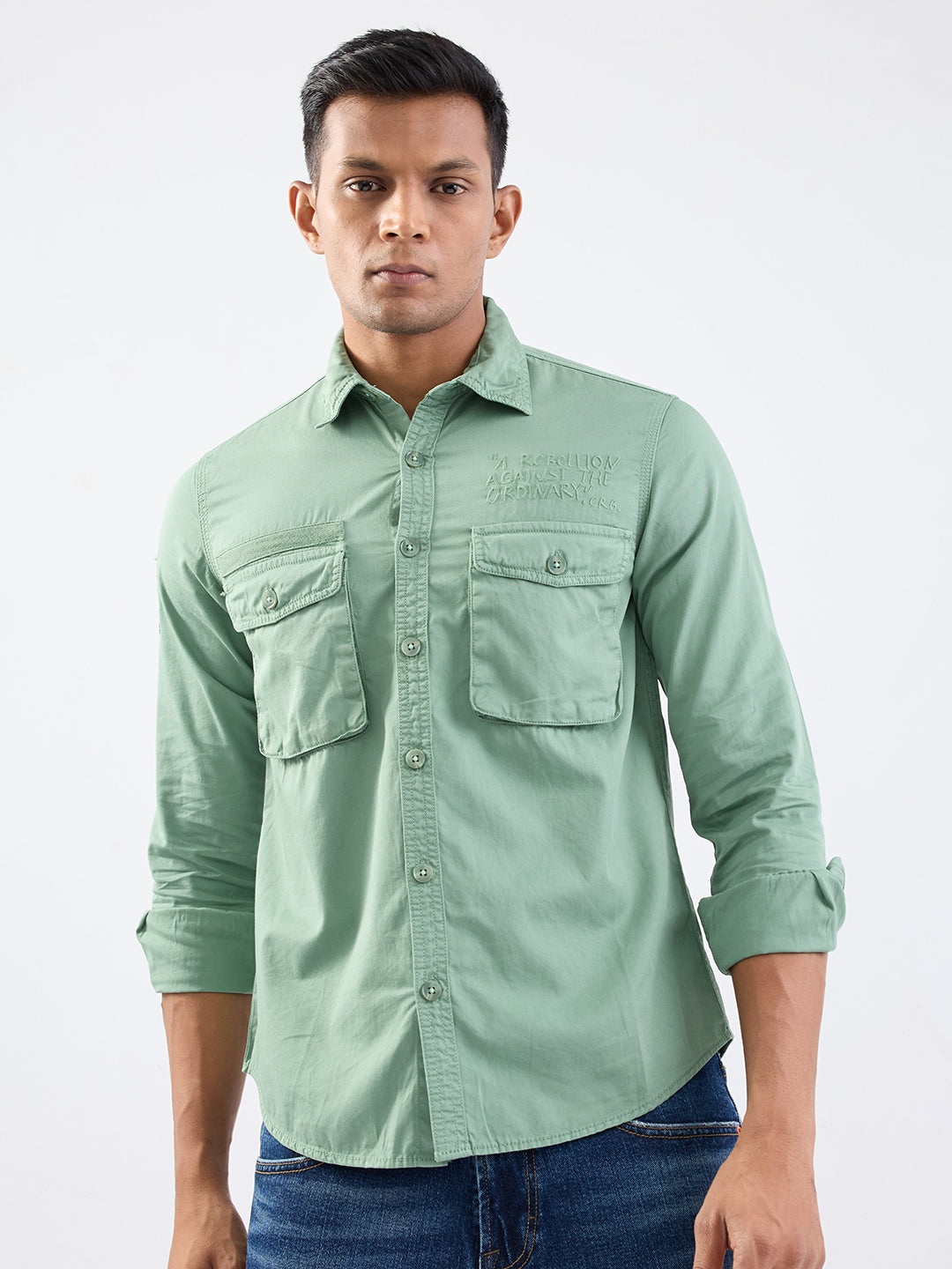 Spykar Granite Green Slim Fit Casual Shirts For Men