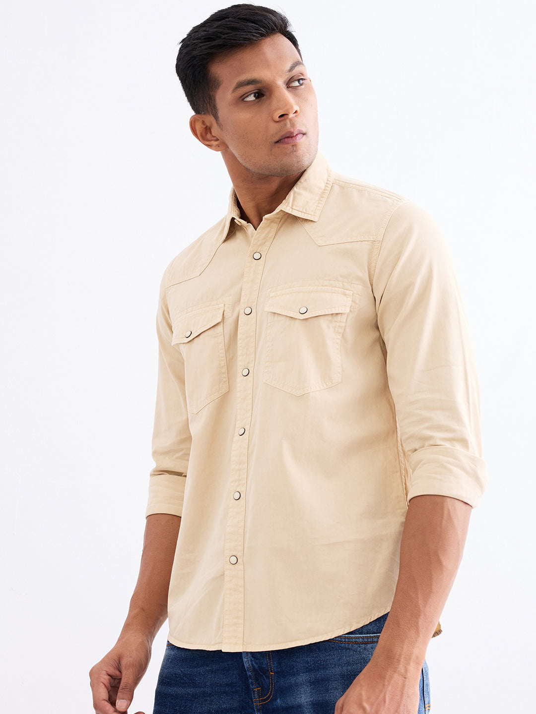 Spykar Taupe Beige Slim Fit Casual Shirts For Men
