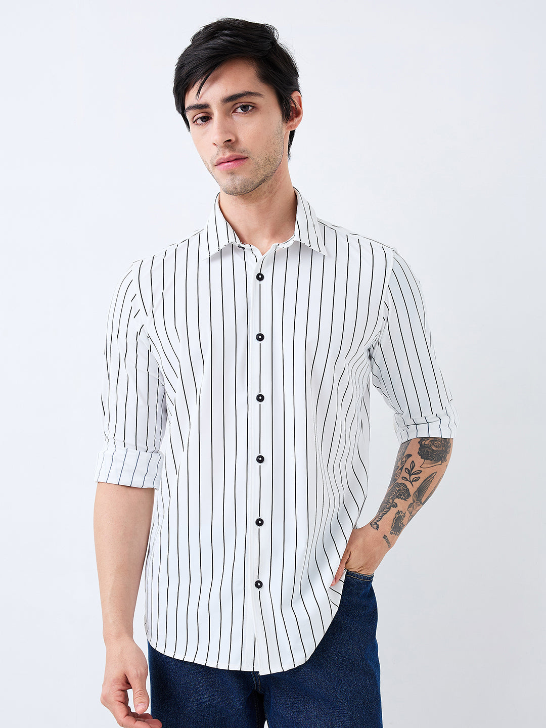 Spykar White Slim Fit Striped Full Sleeve Shirt For Men
