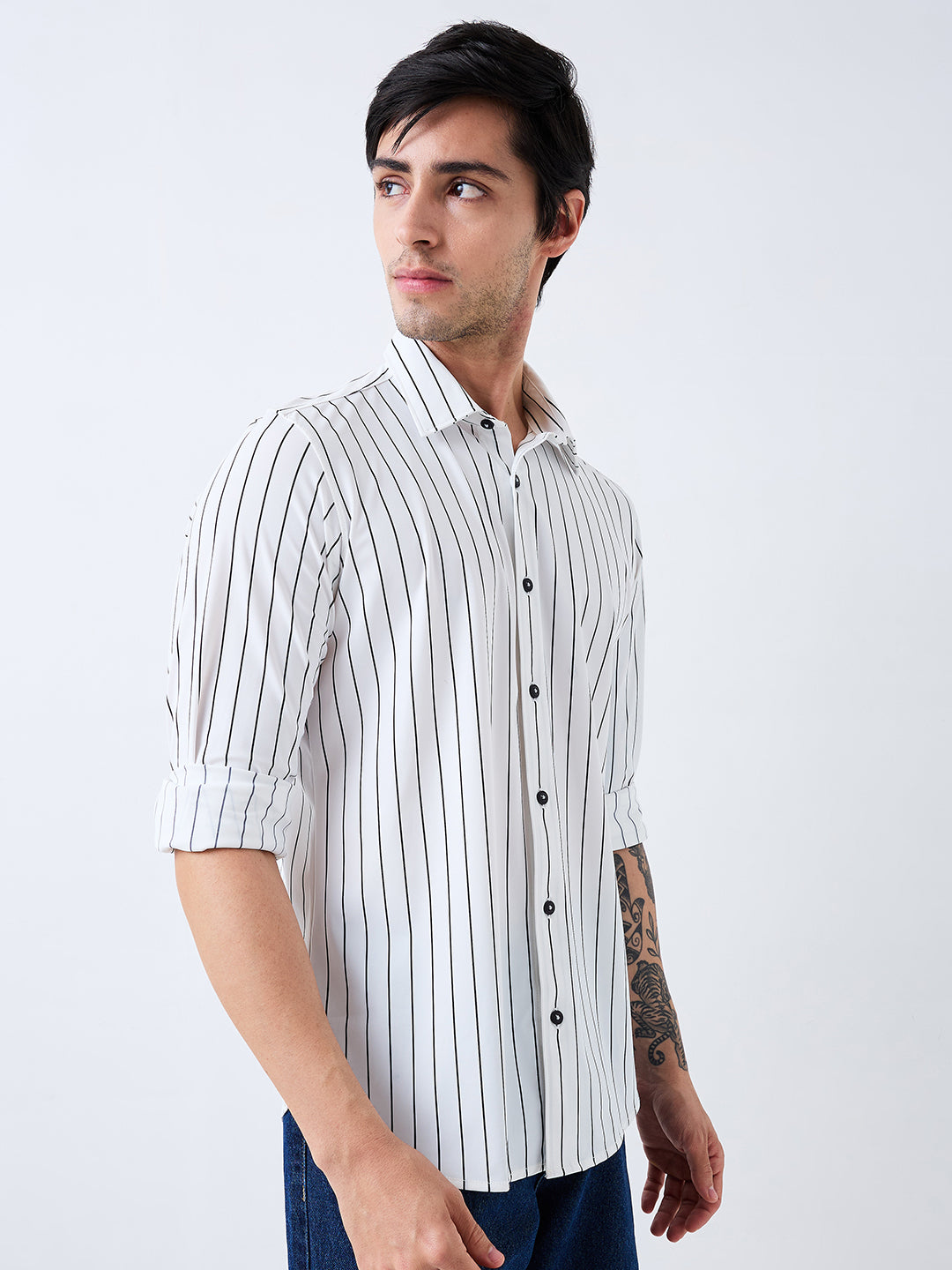 Spykar White Slim Fit Striped Full Sleeve Shirt For Men