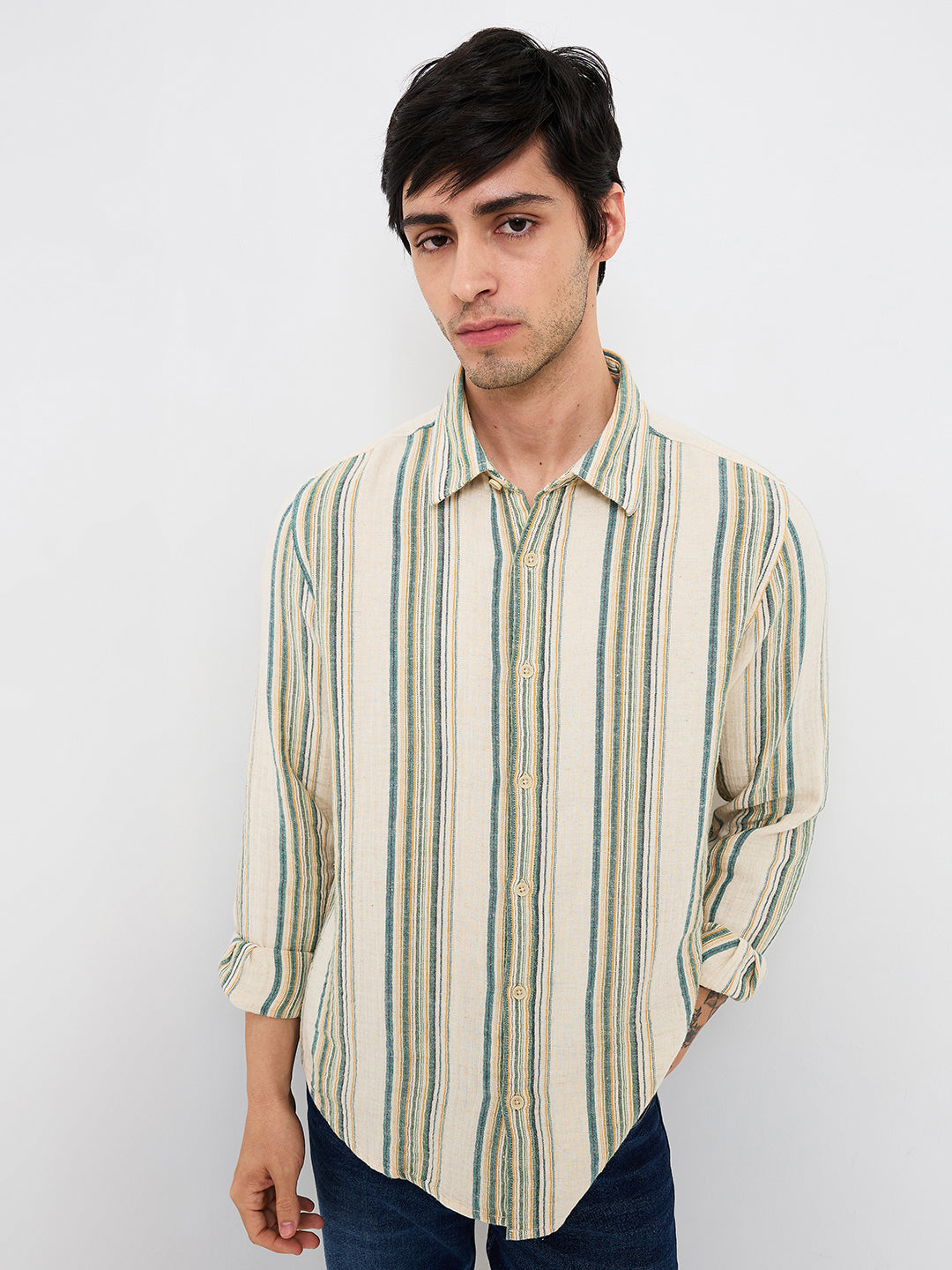 Spykar Beige Slim Fit Striped Full Sleeve Shirt For Men