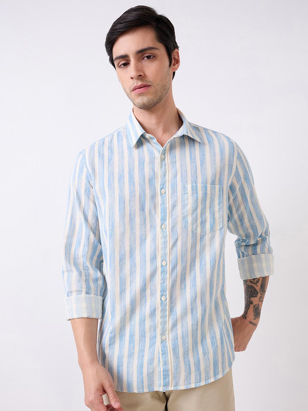 Spykar Blue Full Sleeves Slim Fit Striped Shirt For Men