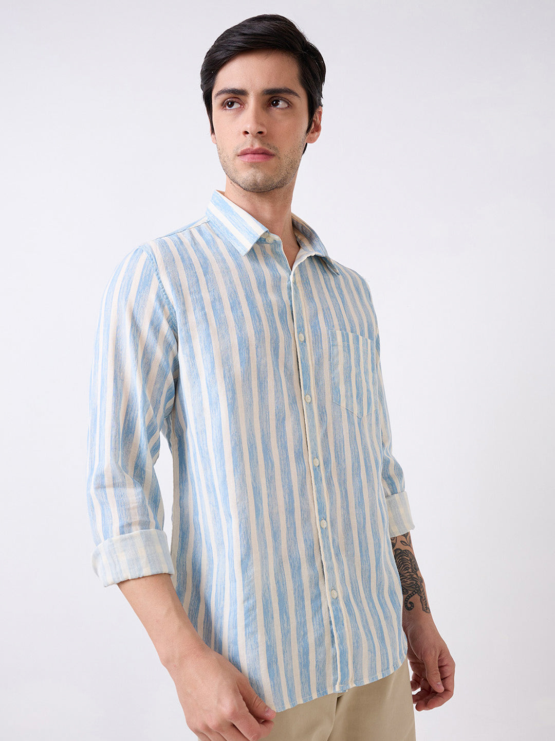 Spykar Blue Full Sleeves Slim Fit Striped Shirt For Men