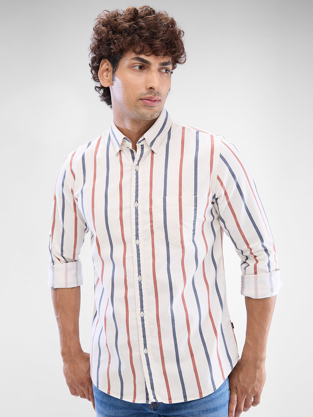 Spykar Brick Red Cotton Full Sleeve Raised Collar Shirt For Men