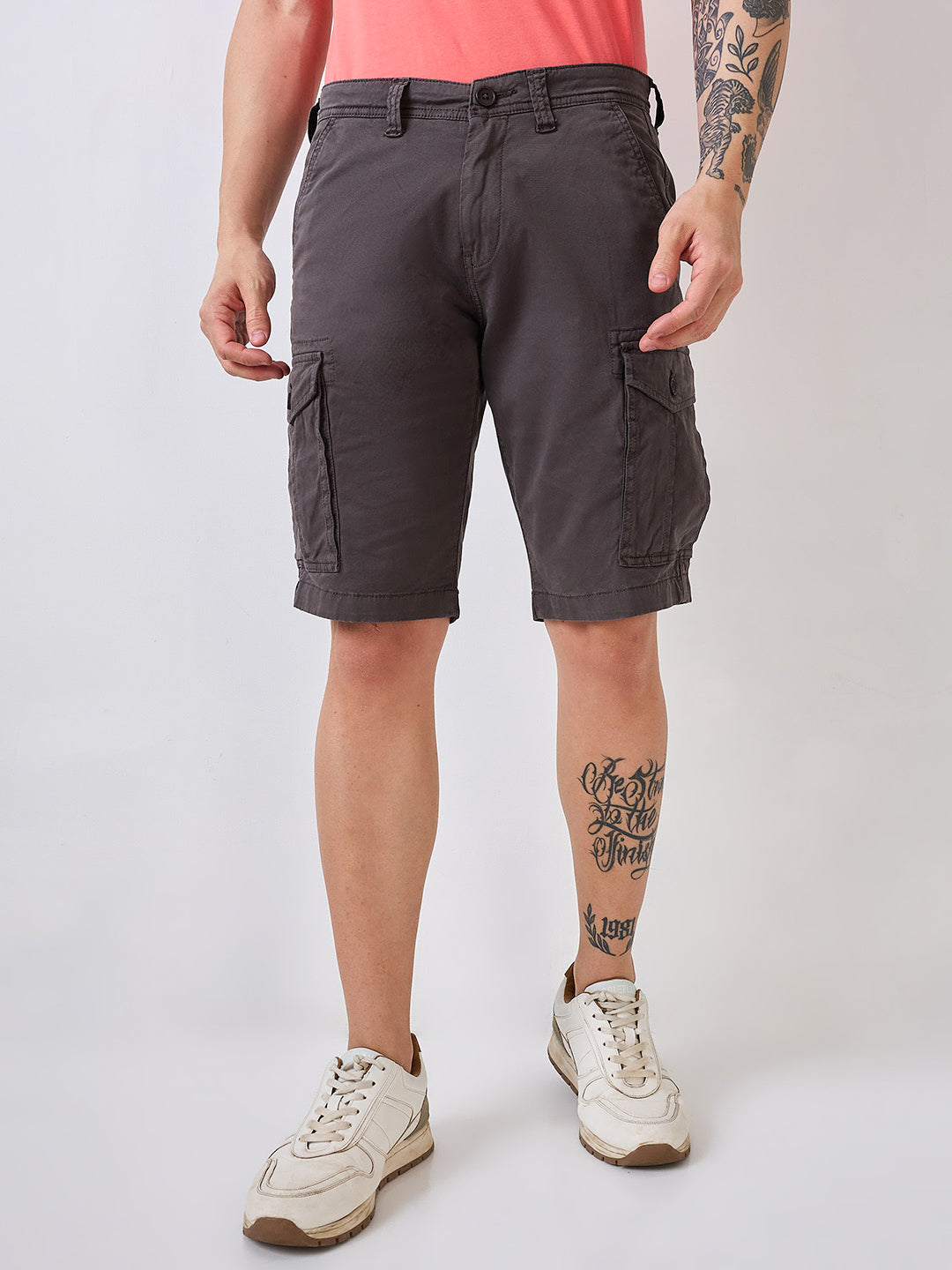 Spykar Grey Regular Fit Casual Shorts For Men
