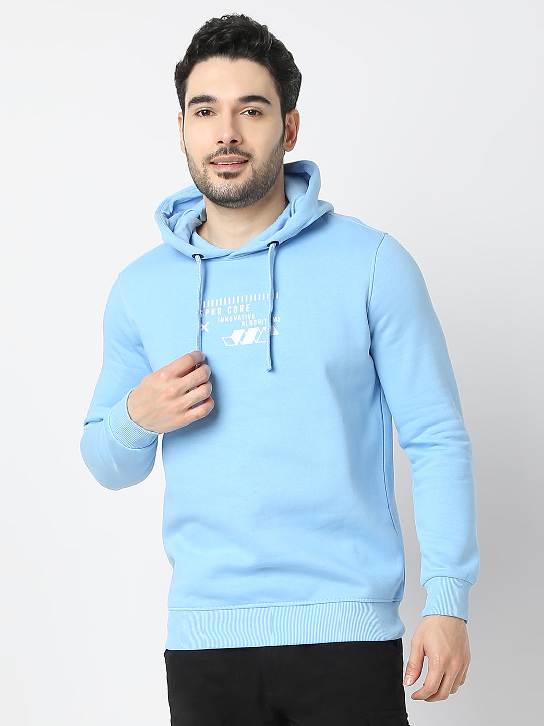 Spykar Powder Blue Cotton Full Sleeve Hooded Sweatshirt For Men