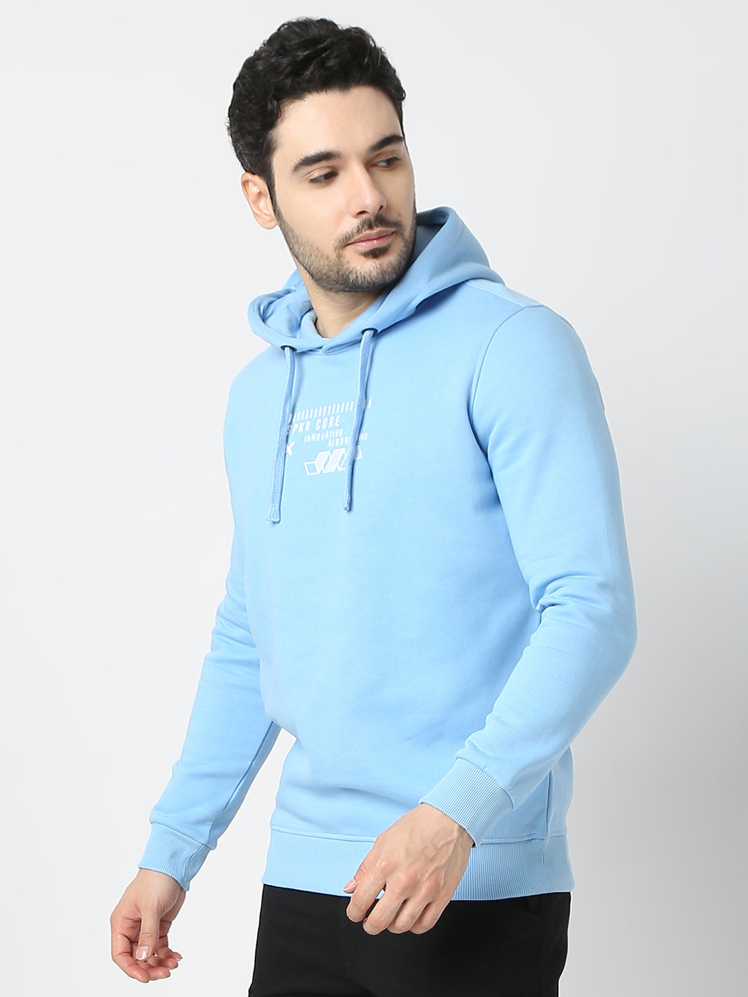 Spykar Powder Blue Cotton Full Sleeve Hooded Sweatshirt For Men
