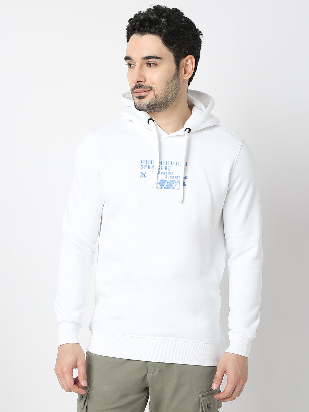 Spykar White Cotton Full Sleeve Hooded Sweatshirt For Men