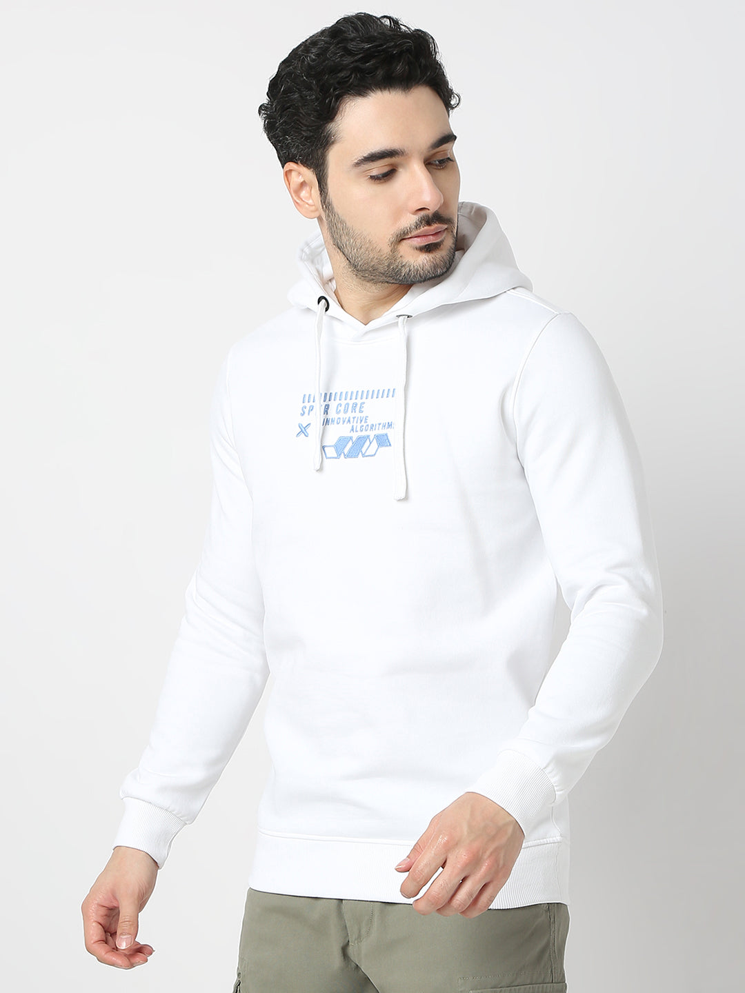 Spykar White Cotton Full Sleeve Hooded Sweatshirt For Men
