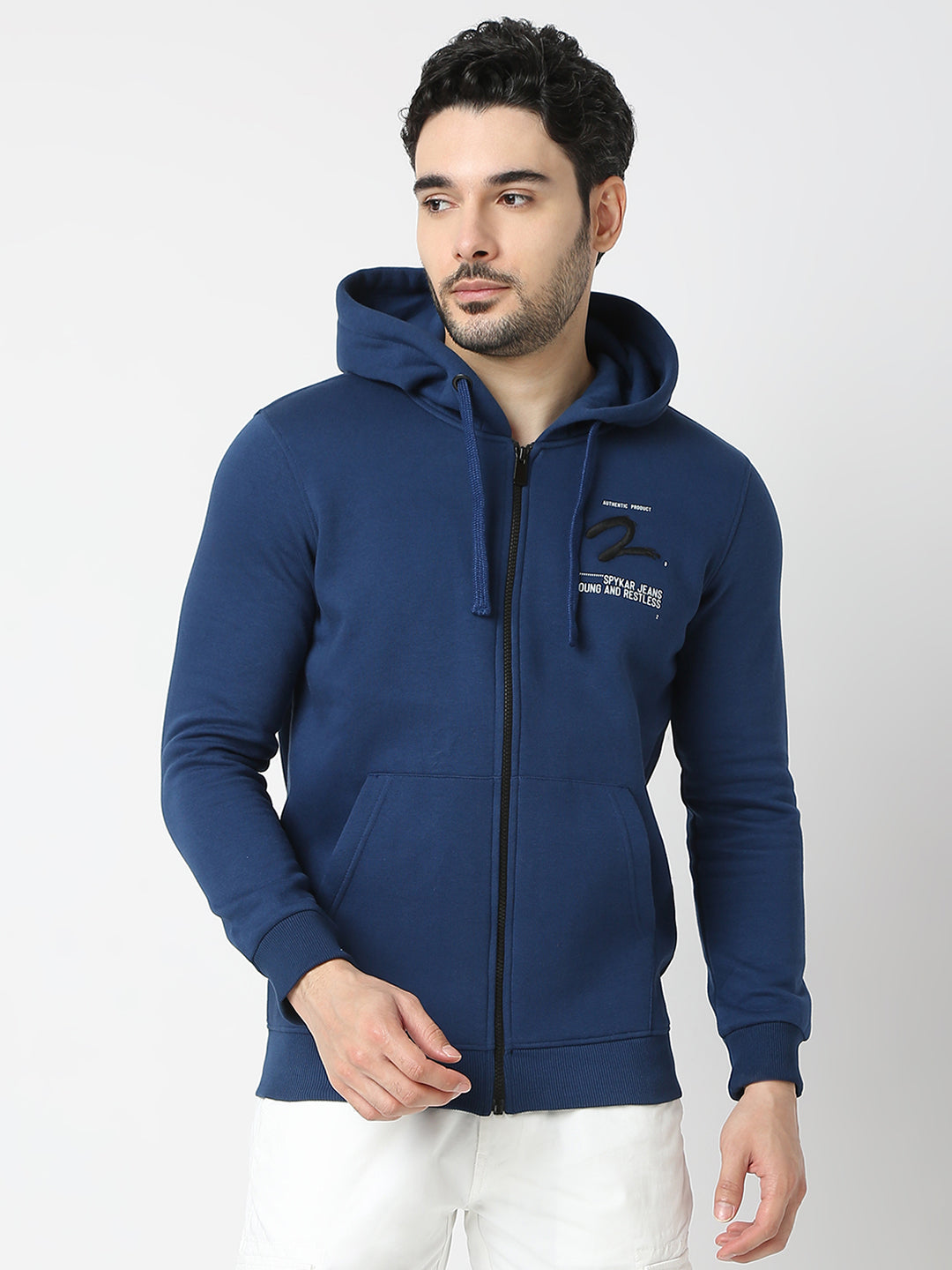 Spykar Indigo Blue Hooded Full Sleeve Sweatshirt For Men