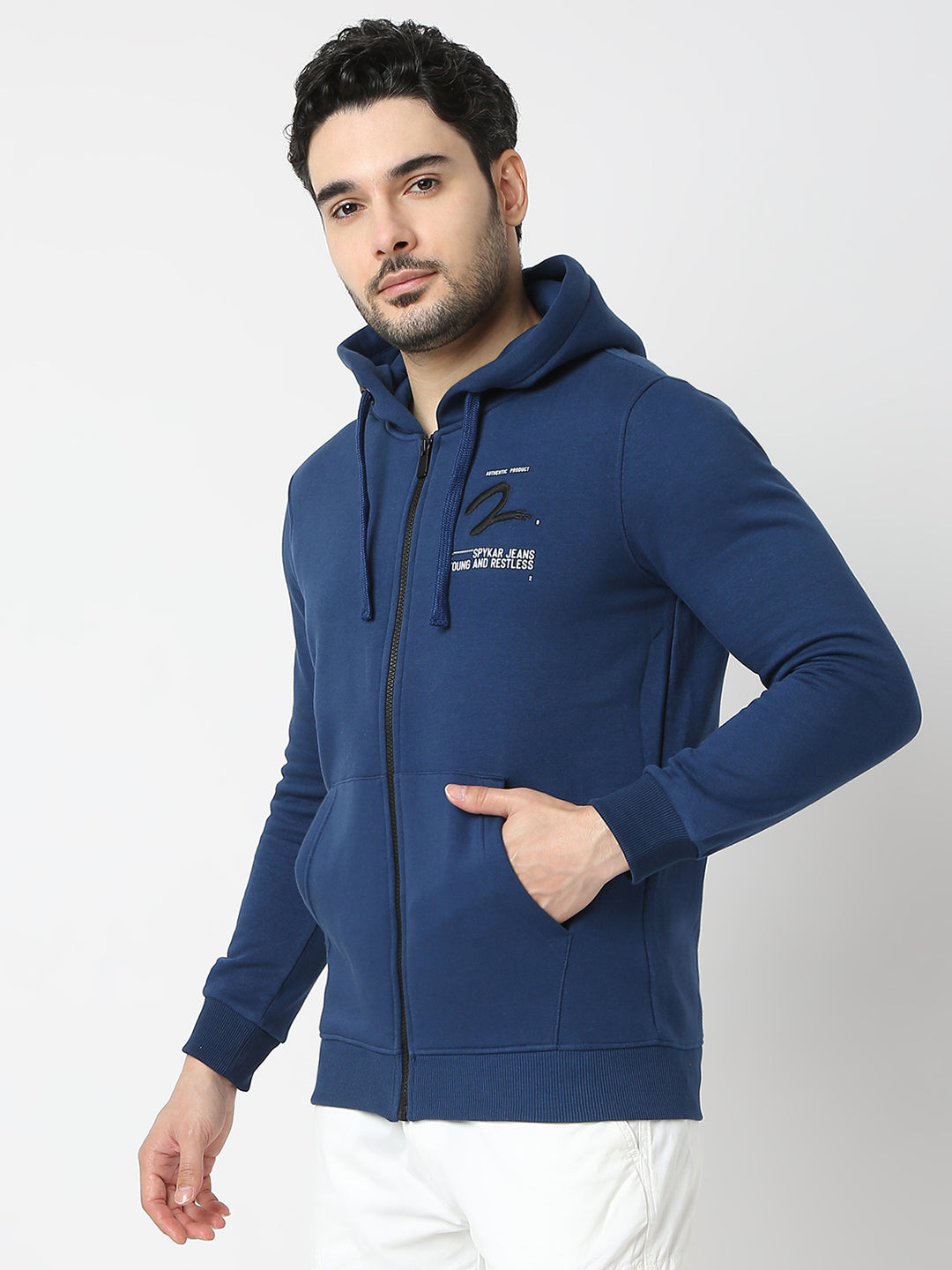 Spykar Indigo Blue Hooded Full Sleeve Sweatshirt For Men