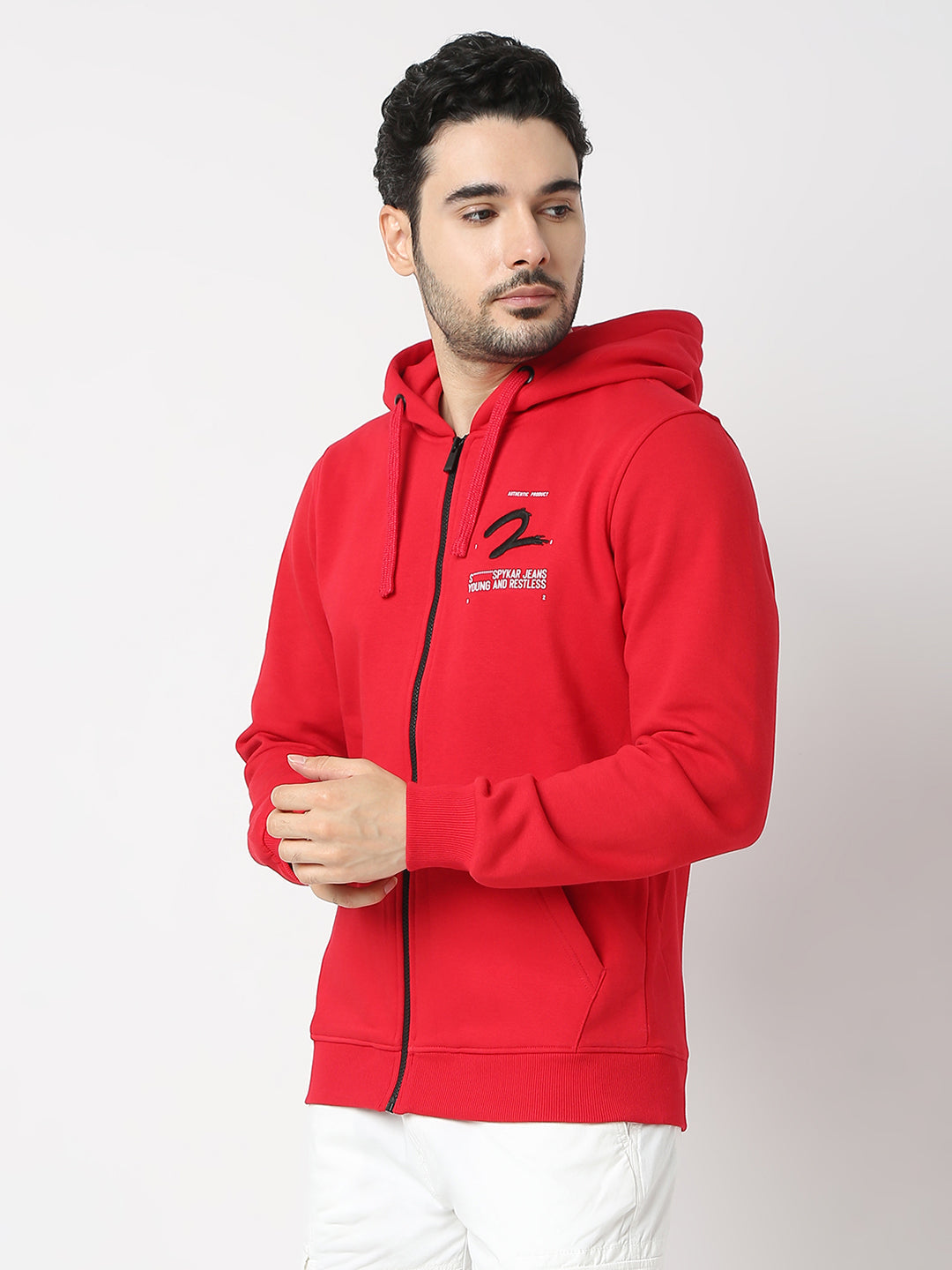 Spykar True Red Hooded Full Sleeve Sweatshirt For Men