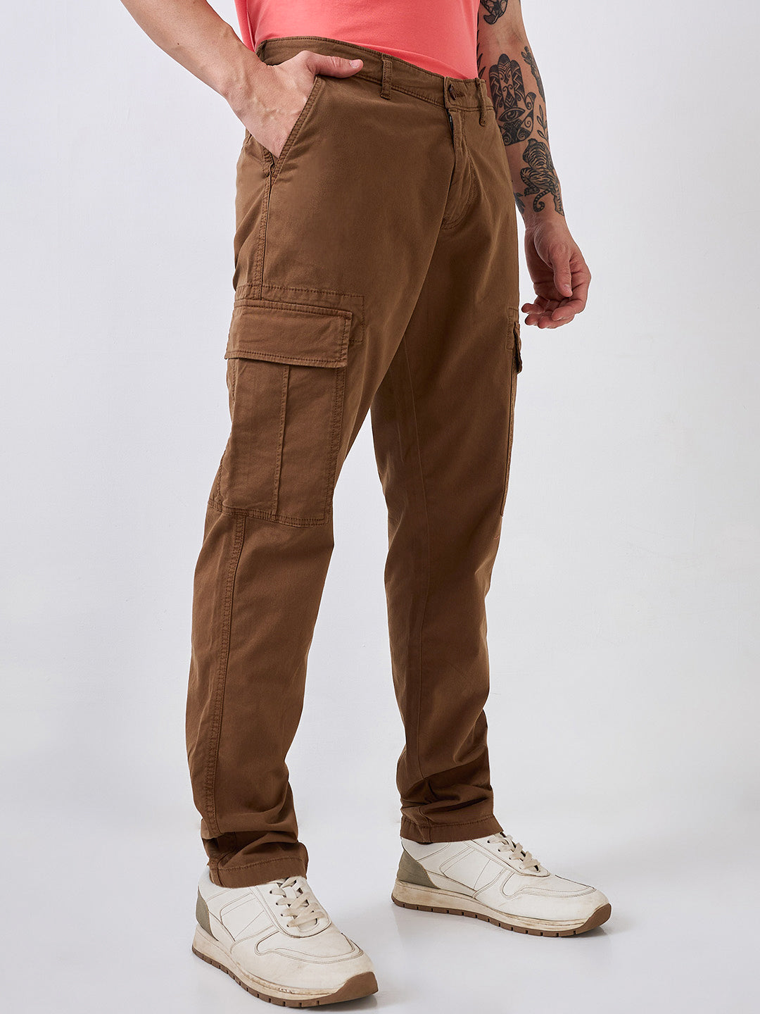 Spykar Brown Regular Fit Mid Rise Cargo For Men