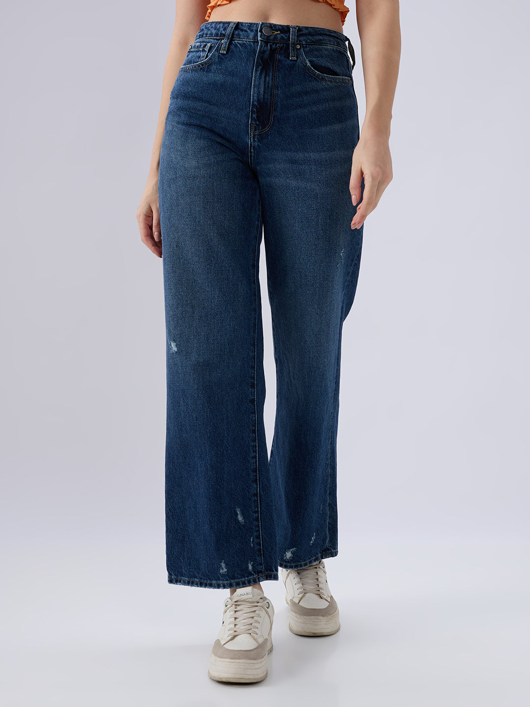 Spykar Dark Blue Straight Fit Mid Rise Jeans For Women