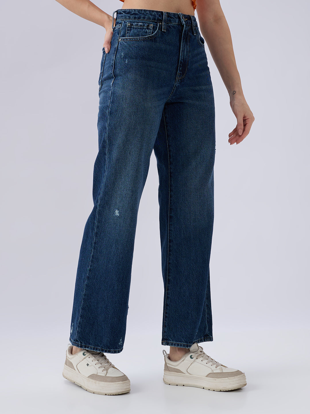 Spykar Dark Blue Straight Fit Mid Rise Jeans For Women