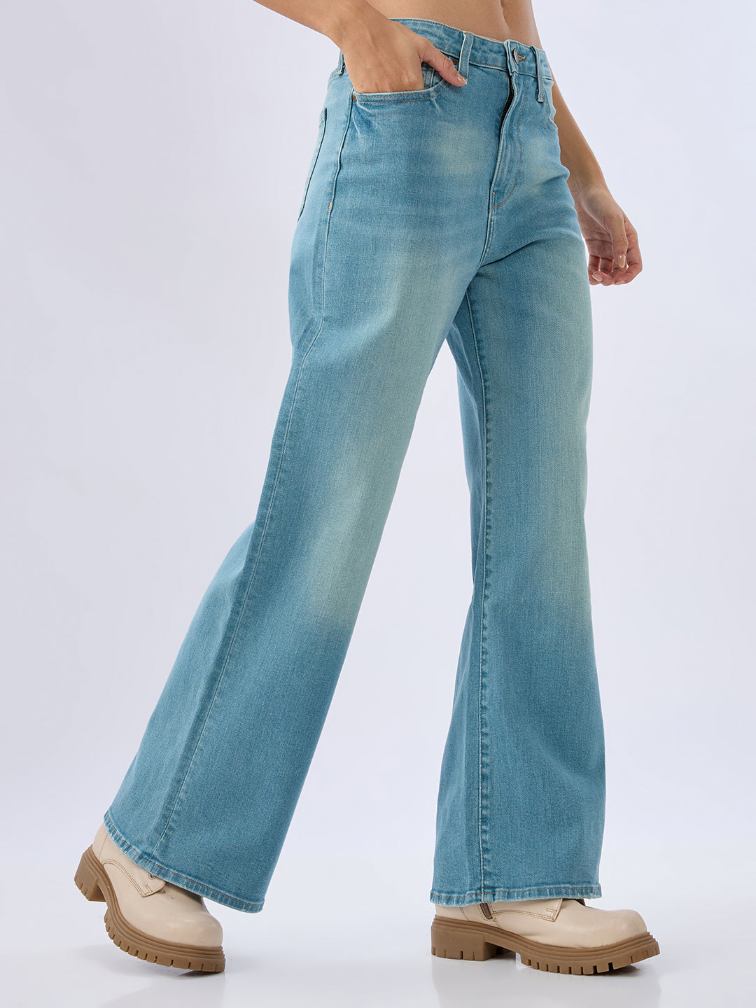 Spykar Mid Blue Wide Leg Mid Rise Jeans For Women