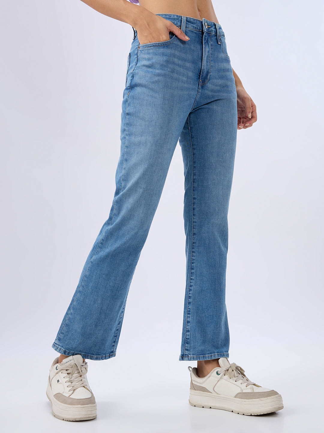 Spykar Tinted Blue Boot Cut Fit High Rise Jeans For Women