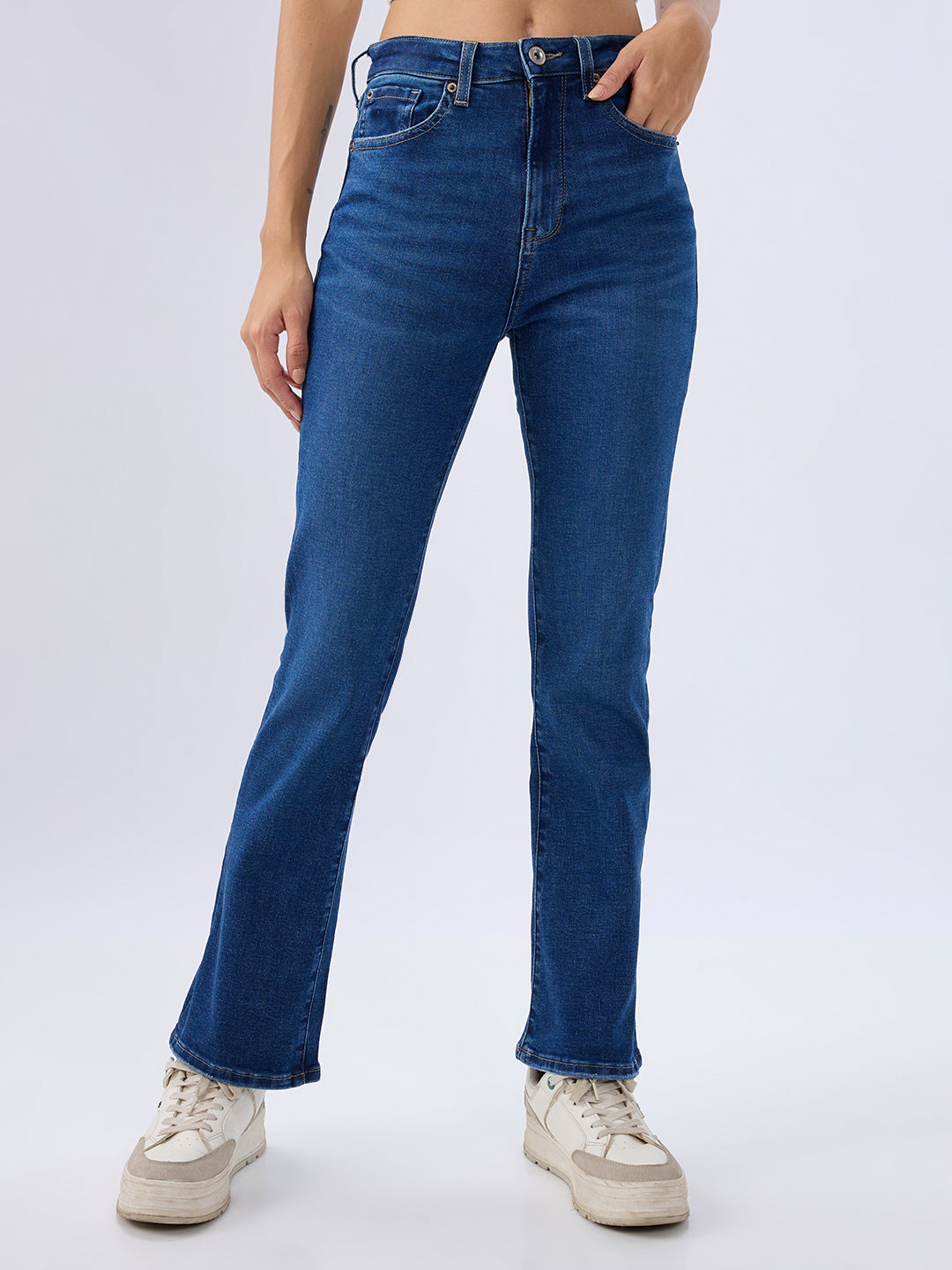 Spykar Mid Blue Boot Cut Fit High Rise Jeans For Women