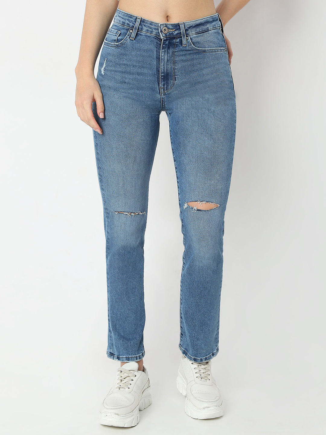 Spykar Mid Blue Mid Rise Slim Straight Jeans For Women
