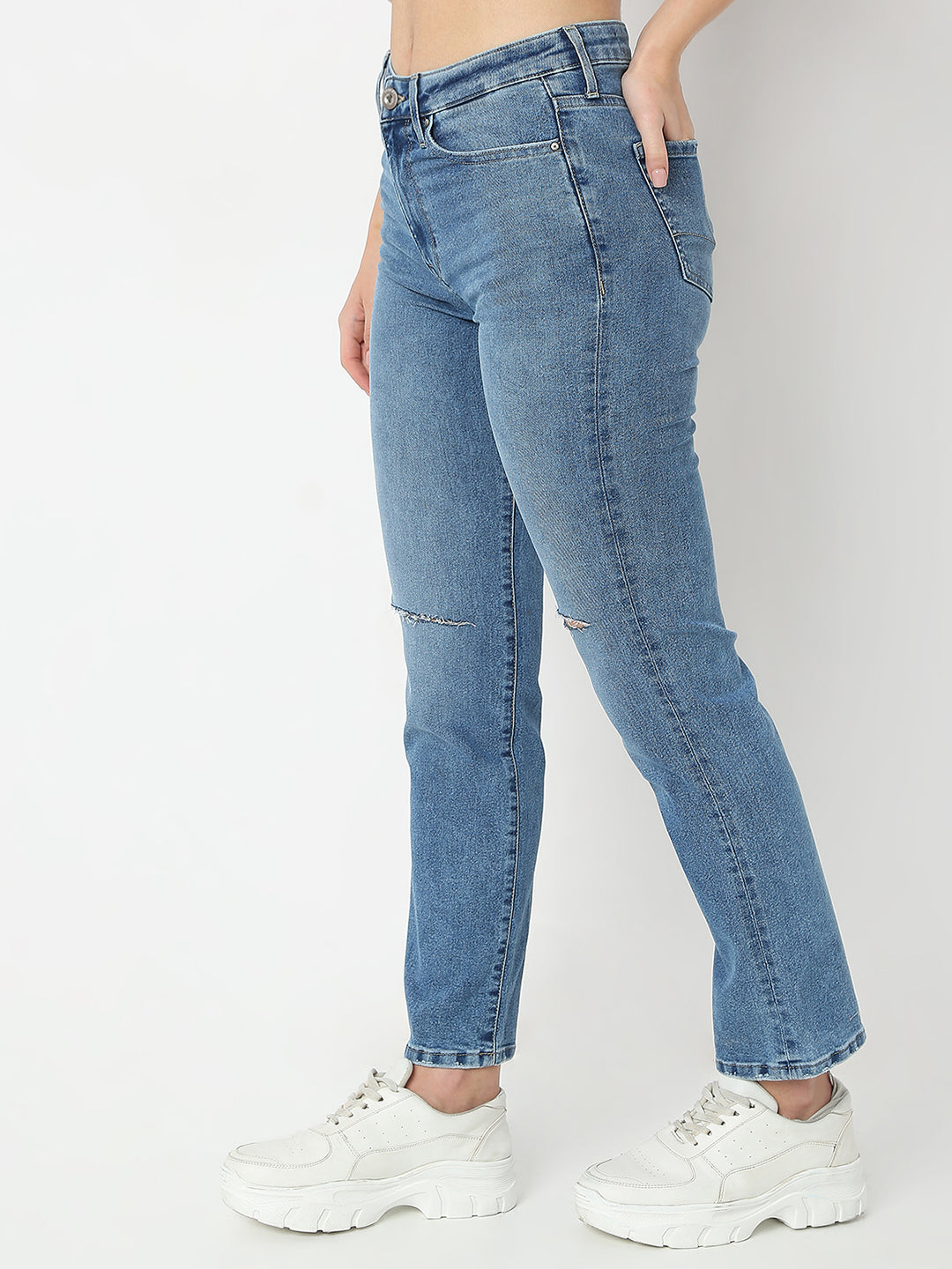 Spykar Mid Blue Mid Rise Slim Straight Jeans For Women
