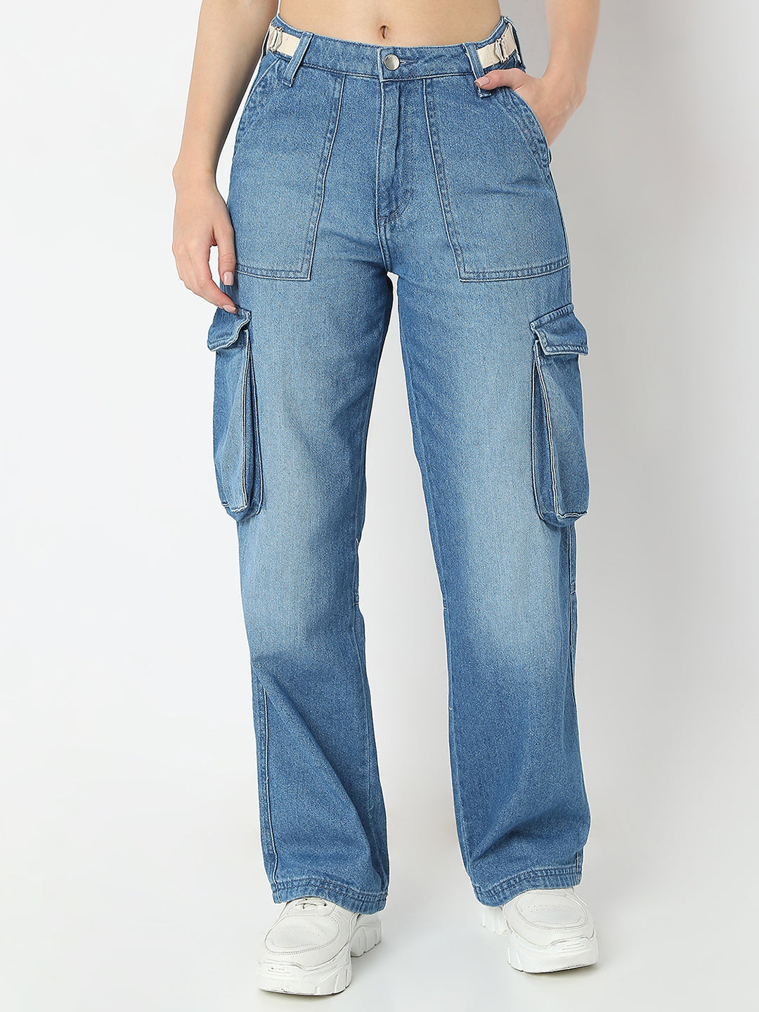 Spykar Mid Blue Straight Fit High Rise Jeans For Women