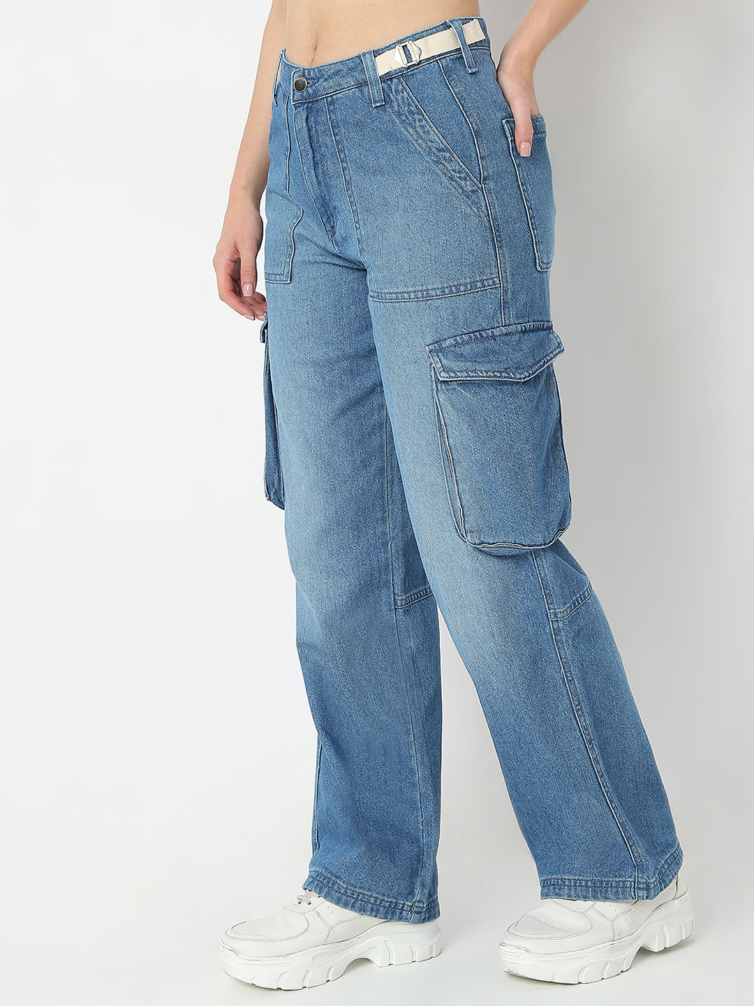 Spykar Mid Blue Straight Fit High Rise Jeans For Women