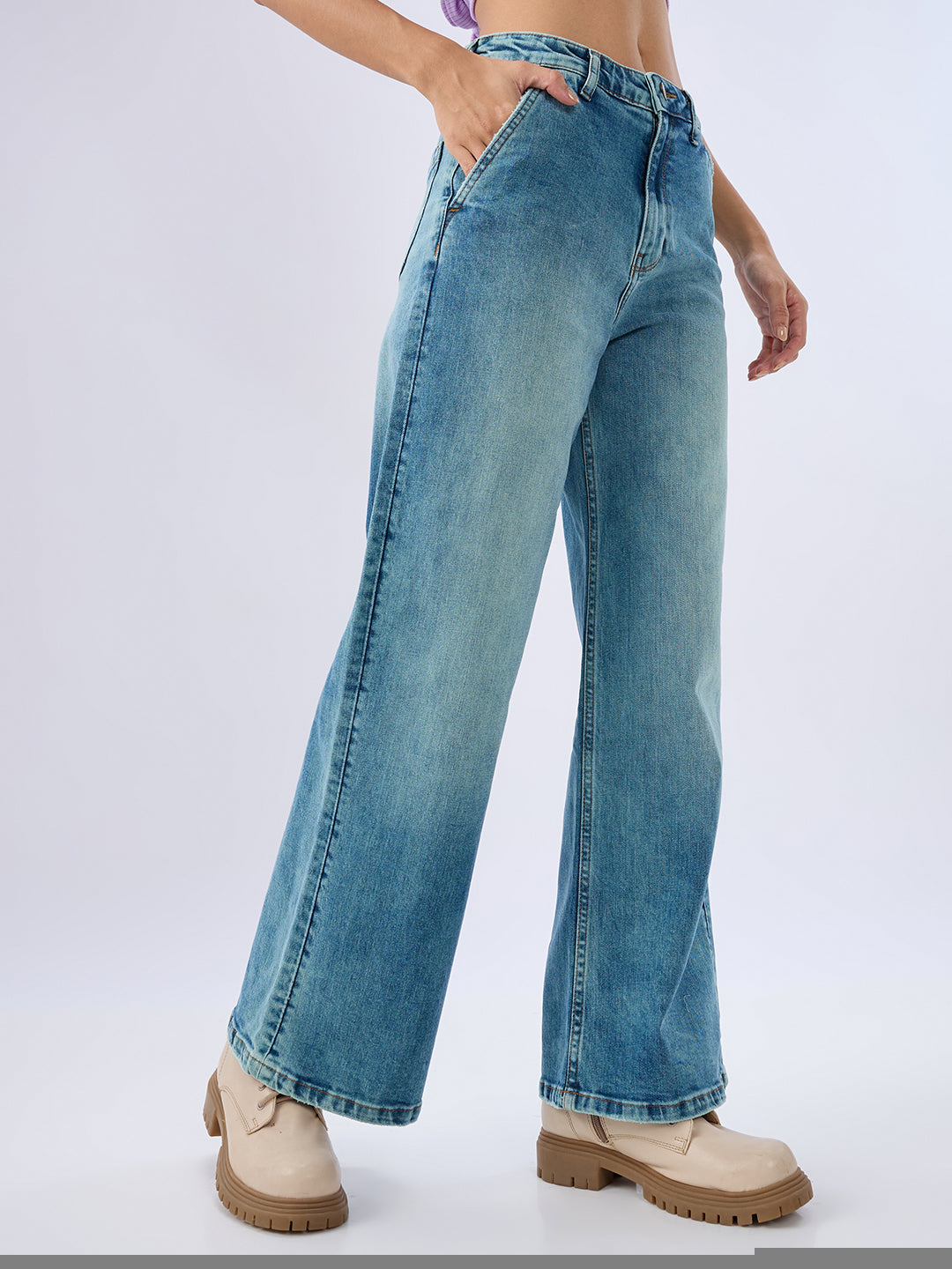 Spykar Vintage Blue Wide Leg Mid Rise Jeans For Women