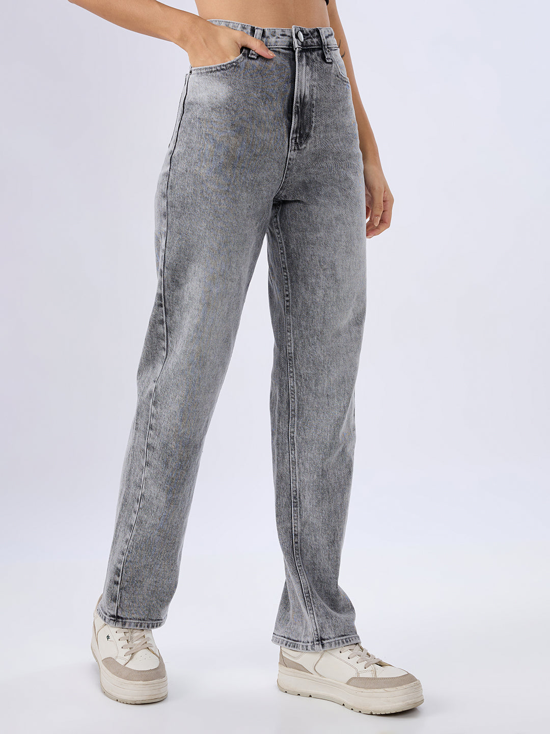 Spykar Light Grey Straight Fit Mid Rise Jeans For Women